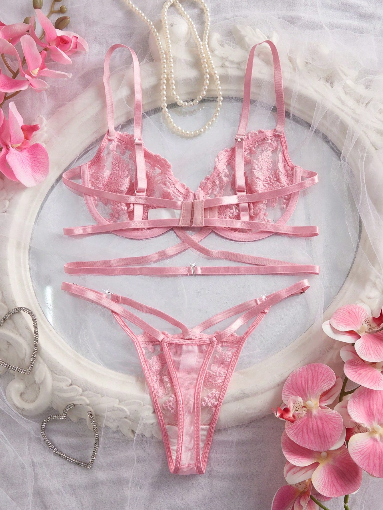 Women's 2-piece sexy lingerie set featuring floral embroidery, underwire demi bra with adjustable spaghetti straps, and matching low-rise thong.
