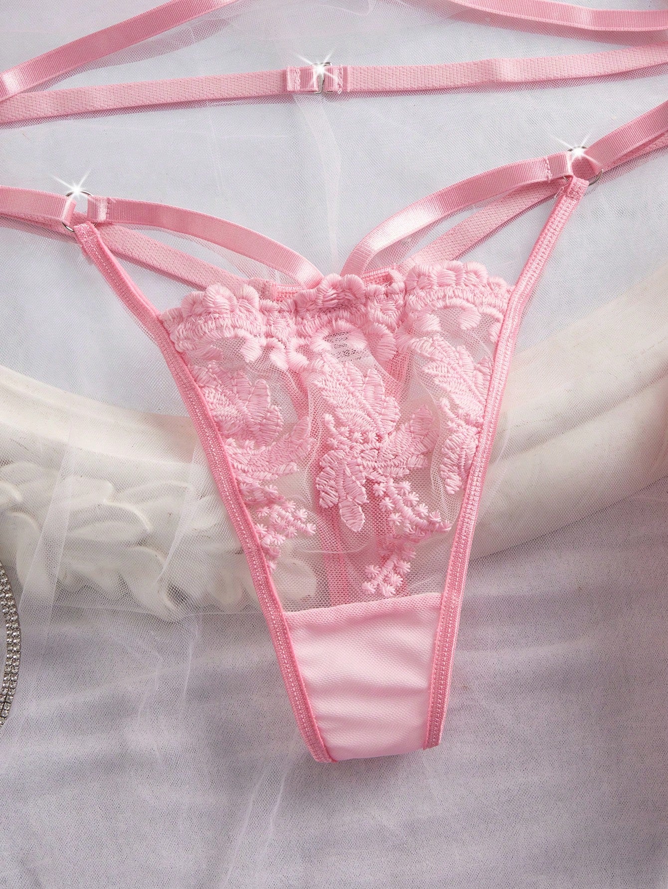 Women's 2-piece sexy lingerie set featuring floral embroidery, underwire demi bra with adjustable spaghetti straps, and matching low-rise thong.
