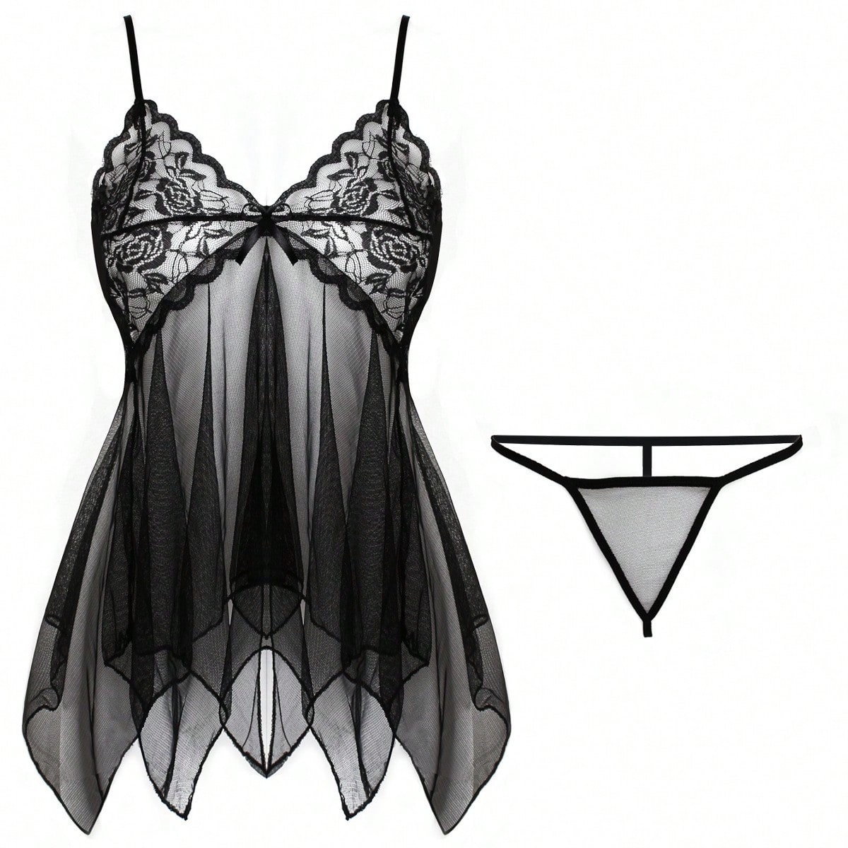 Kawaii 2pcs Sexy Sheer Mesh Camisole Nightgown Lingerie Set For Women