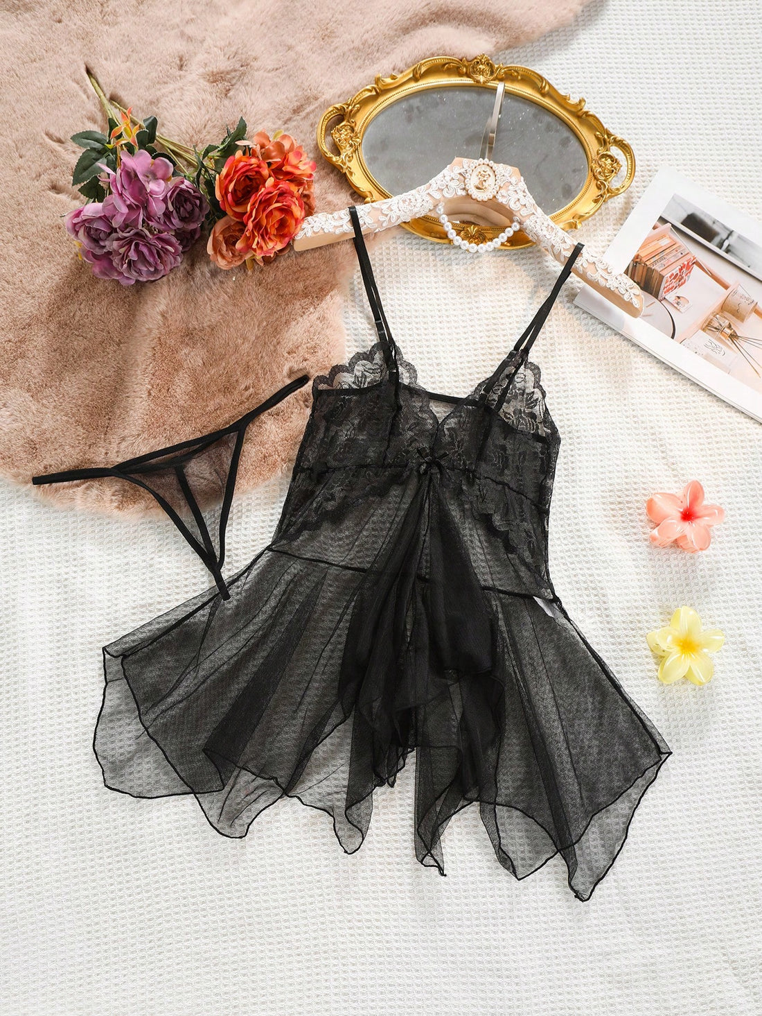 Kawaii 2pcs Sexy Sheer Mesh Camisole Nightgown Lingerie Set For Women