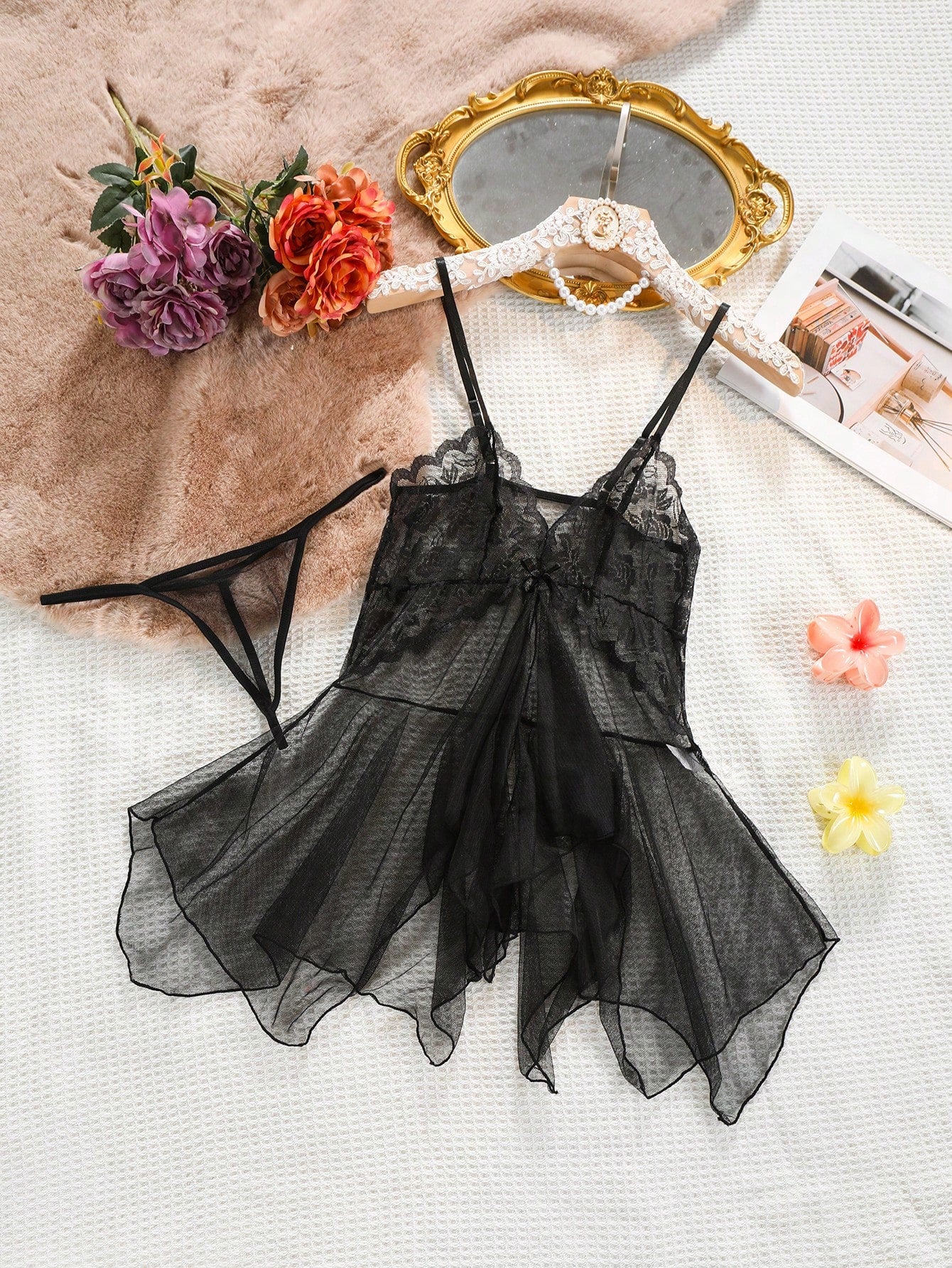 Kawaii 2pcs Sexy Sheer Mesh Camisole Nightgown Lingerie Set For Women