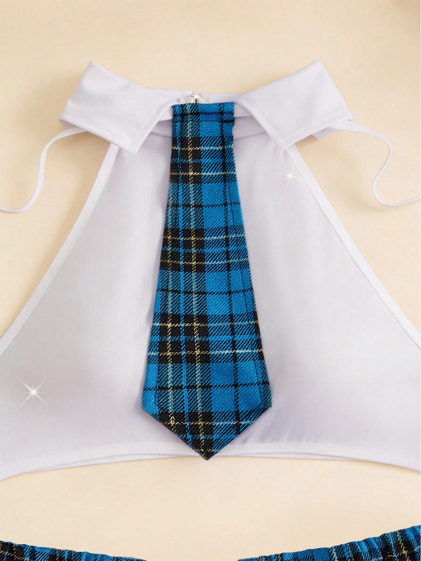 Kawaii 4pcs Plaid School Girl Role Play Halloween Costume Set, Solid Color Backless Crop Top, Slit Elastic Waist Plaid Skirt, Lace-Up G-String, Women's Sexy Lingerie Roleplay Uniform, Valentine's Day Gift