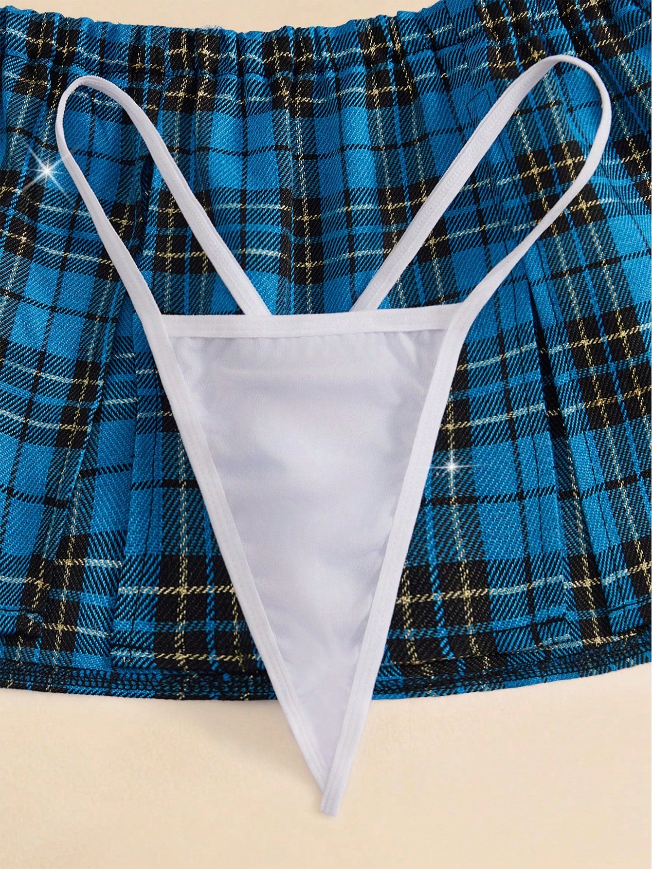 Kawaii 4pcs Plaid School Girl Role Play Halloween Costume Set, Solid Color Backless Crop Top, Slit Elastic Waist Plaid Skirt, Lace-Up G-String, Women's Sexy Lingerie Roleplay Uniform, Valentine's Day Gift