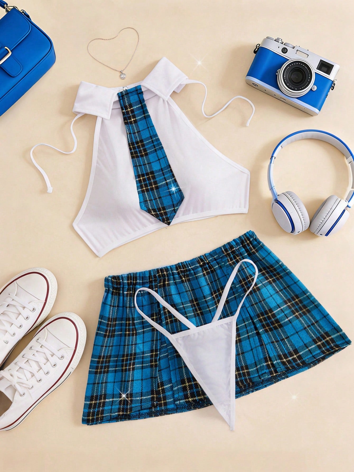 Kawaii 4pcs Plaid School Girl Role Play Halloween Costume Set, Solid Color Backless Crop Top, Slit Elastic Waist Plaid Skirt, Lace-Up G-String, Women's Sexy Lingerie Roleplay Uniform, Valentine's Day Gift