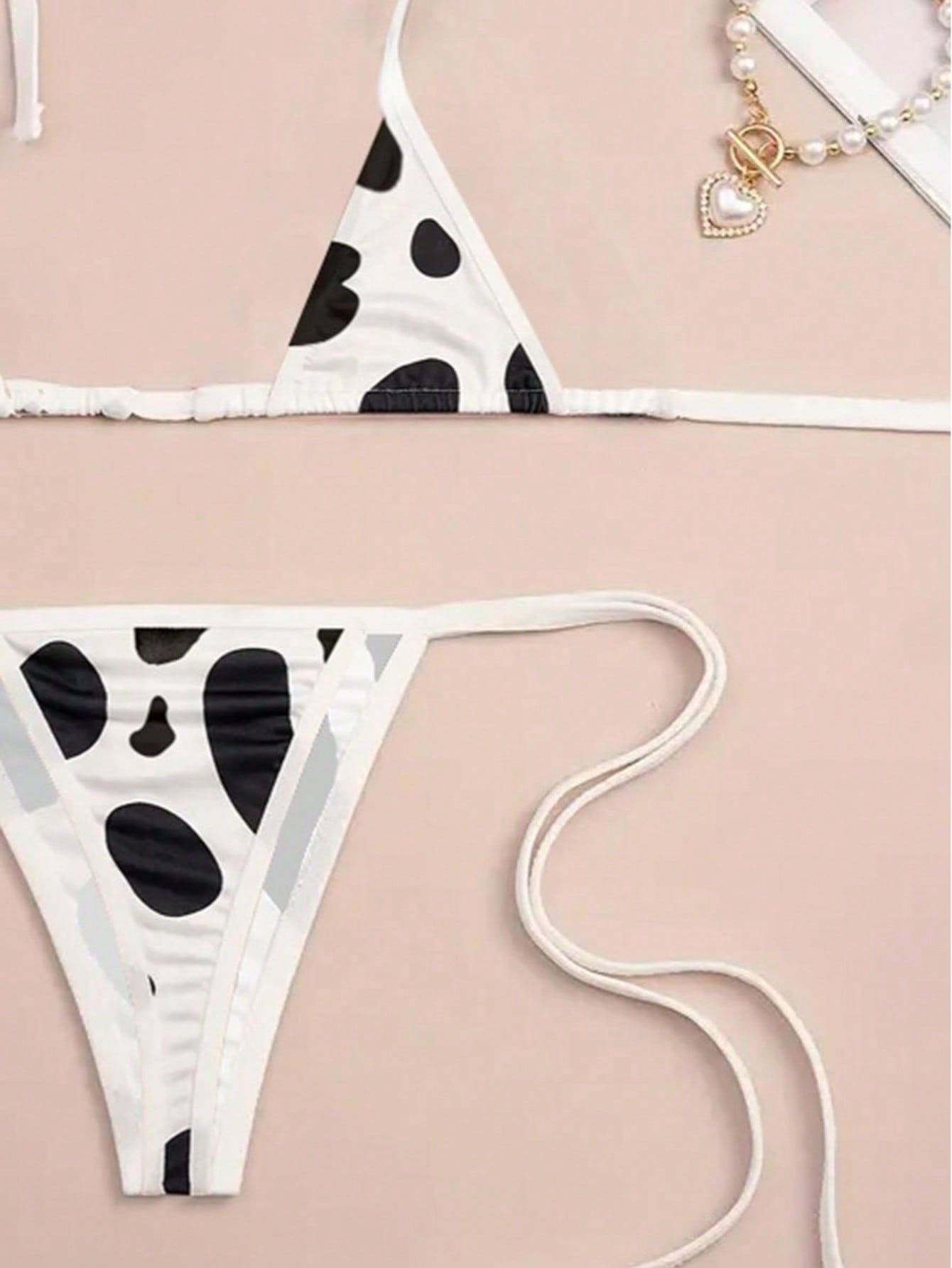 Sexy Lingerie Erotic Set Mini Triangle Halter Tie Bikini Bra And Thong Stripper Outfit Red And Black Contrast Cow Print Women's 2026 Spring/Summer New Valentine's Day Beach Party Wedding Vacation Sexy Matching Piece