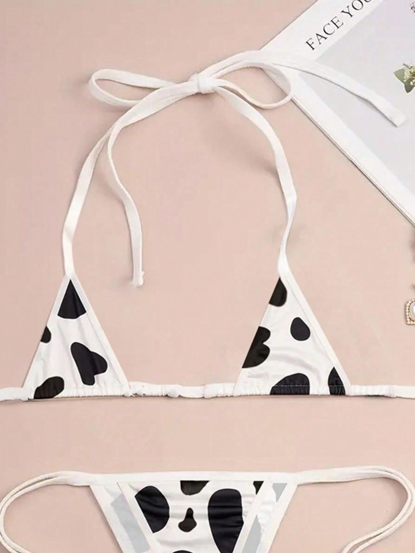 Sexy Lingerie Erotic Set Mini Triangle Halter Tie Bikini Bra And Thong Stripper Outfit Red And Black Contrast Cow Print Women's 2026 Spring/Summer New Valentine's Day Beach Party Wedding Vacation Sexy Matching Piece