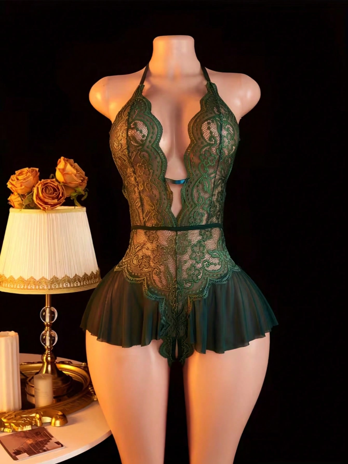 1pc Women's Sexy Lingerie, Purple Lace Mesh See-Through Crotchless Bodysuit
