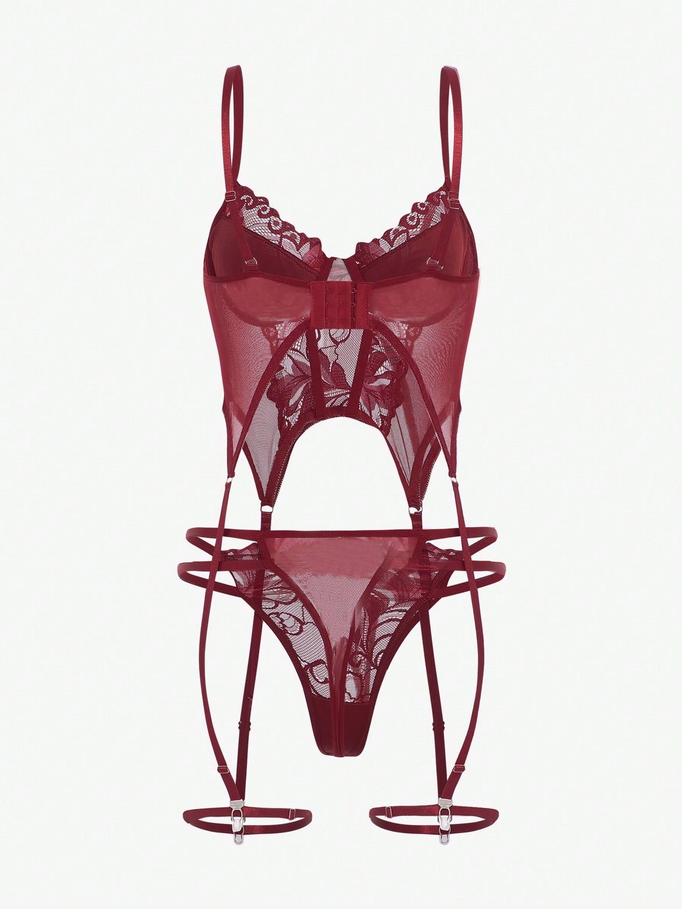 Four-piece floral lace lingerie set featuring cut-out underwire corset tops with garter details and matching low-rise thong bottoms.