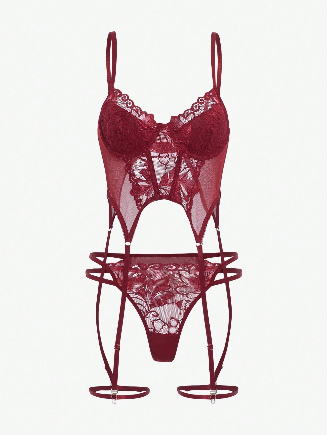 Four-piece floral lace lingerie set featuring cut-out underwire corset tops with garter details and matching low-rise thong bottoms.