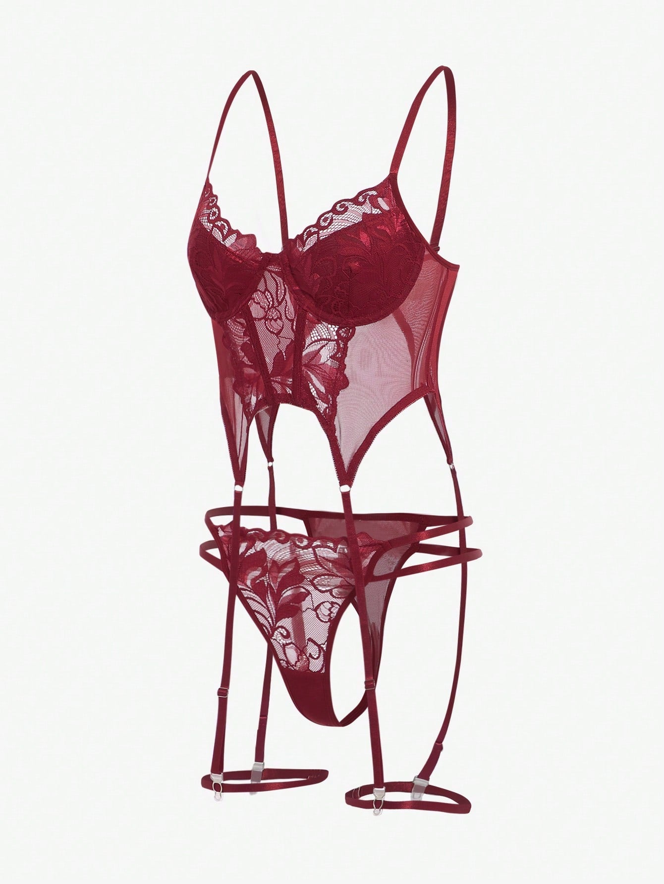 Four-piece floral lace lingerie set featuring cut-out underwire corset tops with garter details and matching low-rise thong bottoms.