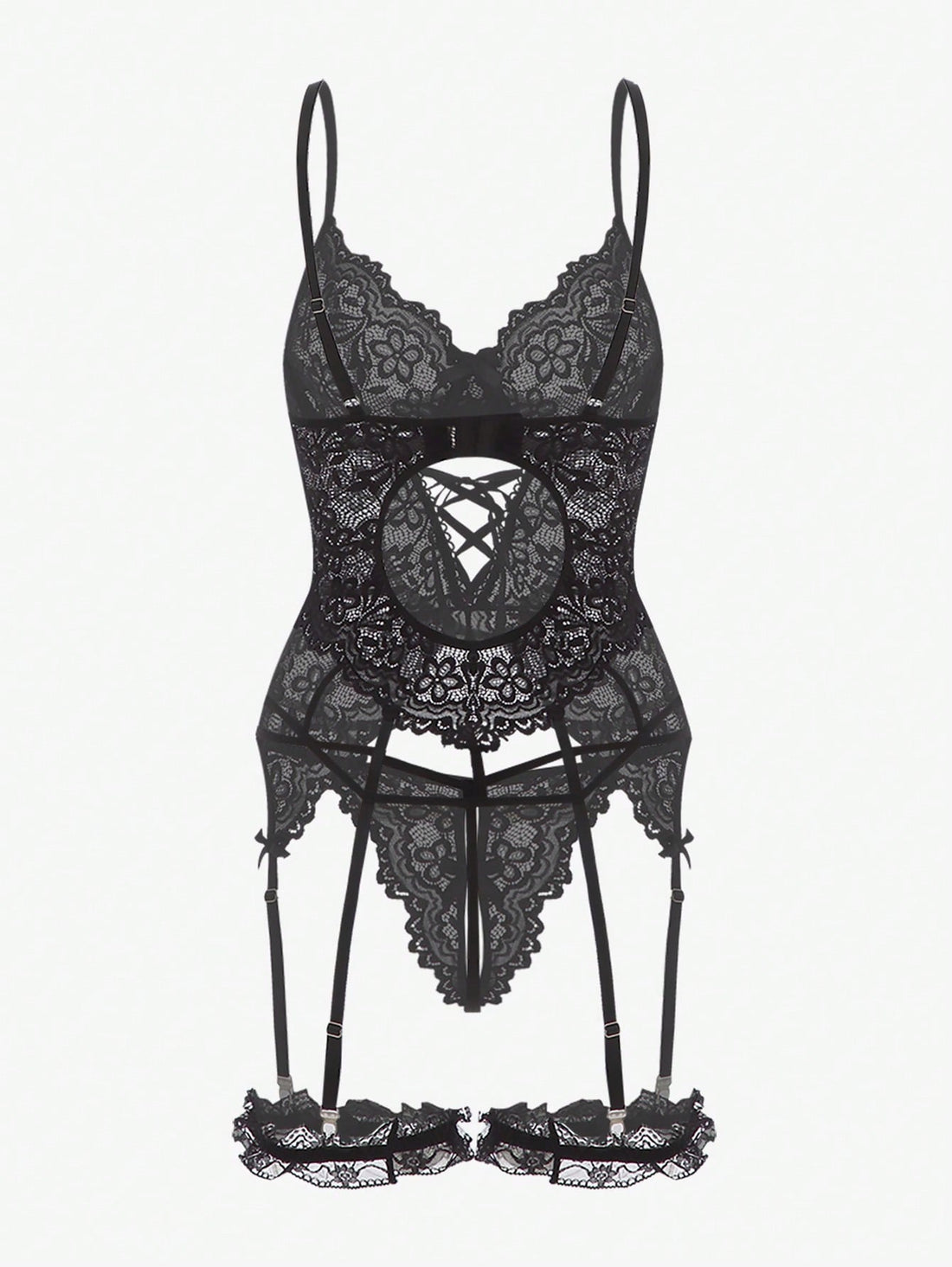 Floral lace underwire garter corset lingerie set with adjustable spaghetti straps, backless bra, V-string panty, and one pair of leg rings.