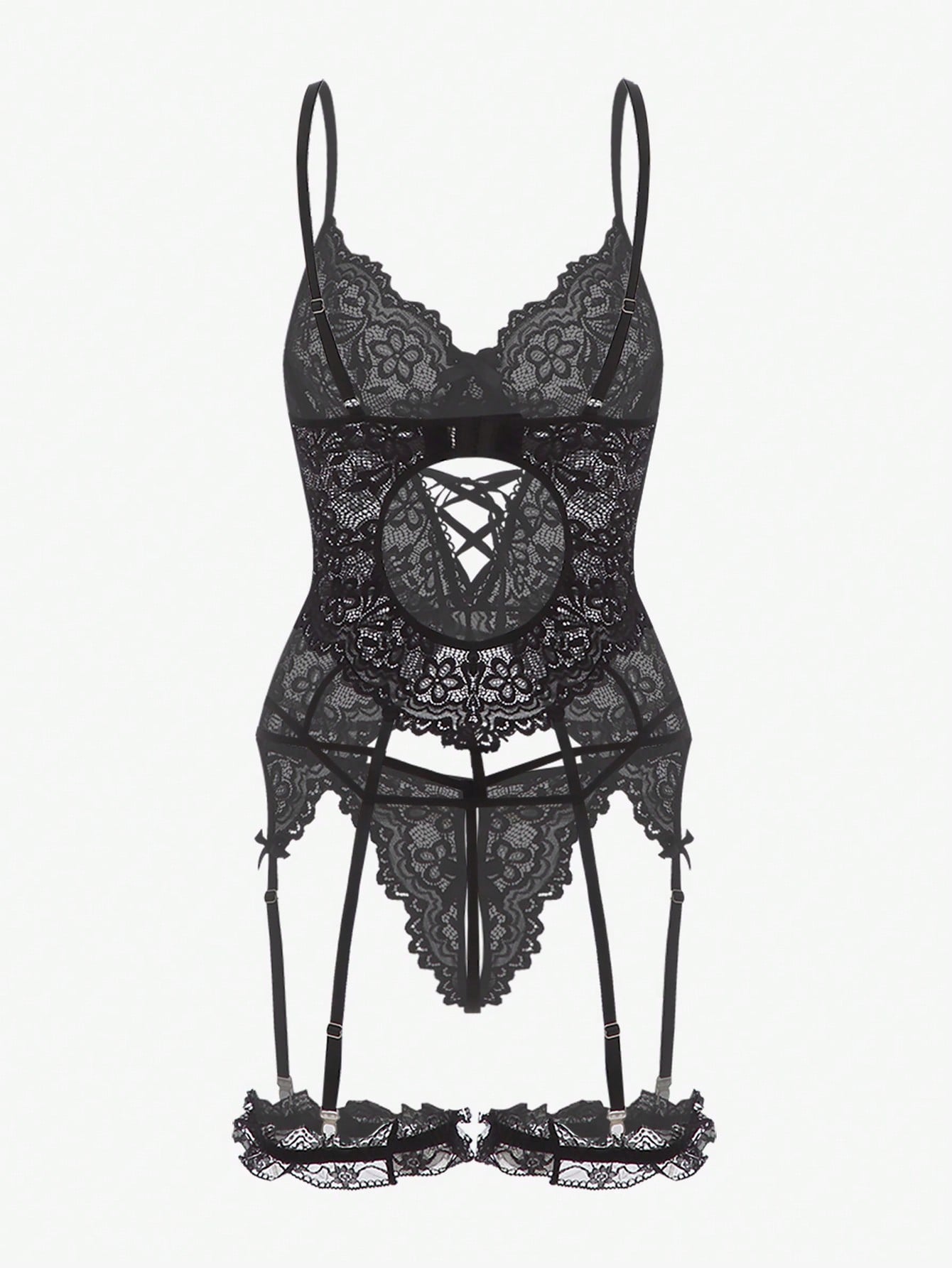 Floral lace underwire garter corset lingerie set with adjustable spaghetti straps, backless bra, V-string panty, and one pair of leg rings.