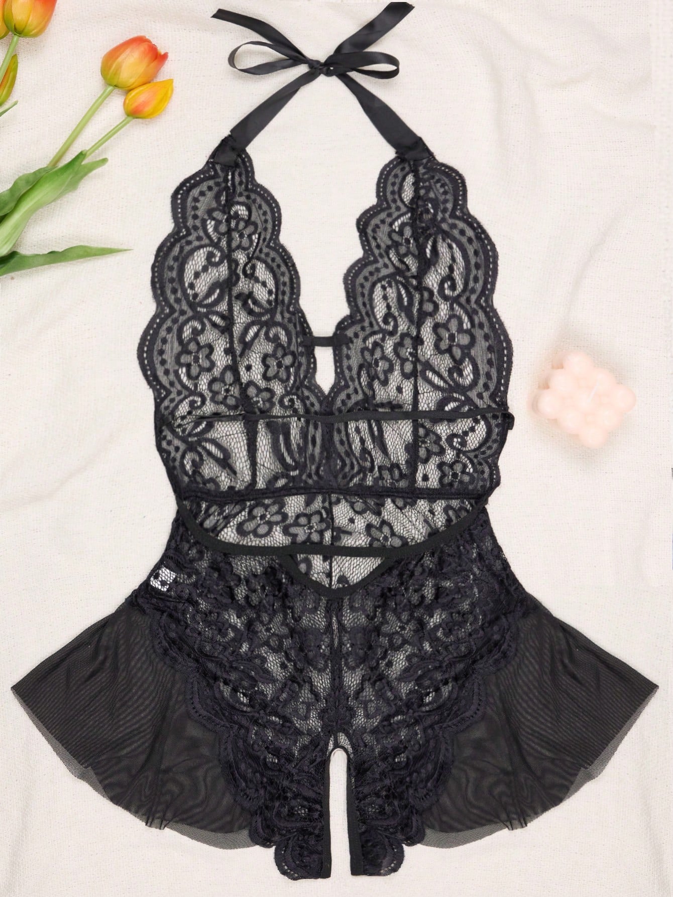 1pc Women's Sexy Lingerie, Purple Lace Mesh See-Through Crotchless Bodysuit
