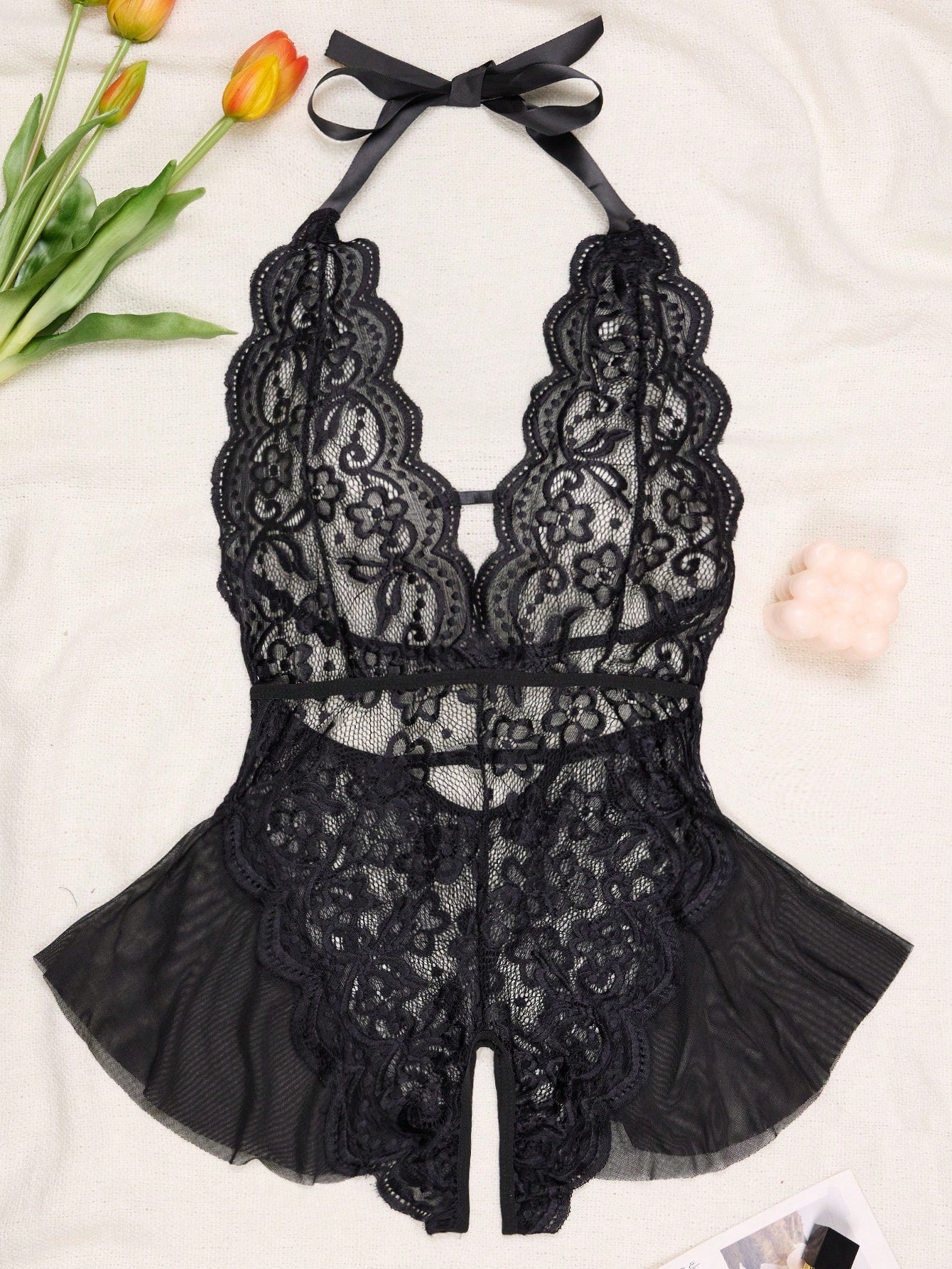 1pc Women's Sexy Lingerie, Purple Lace Mesh See-Through Crotchless Bodysuit