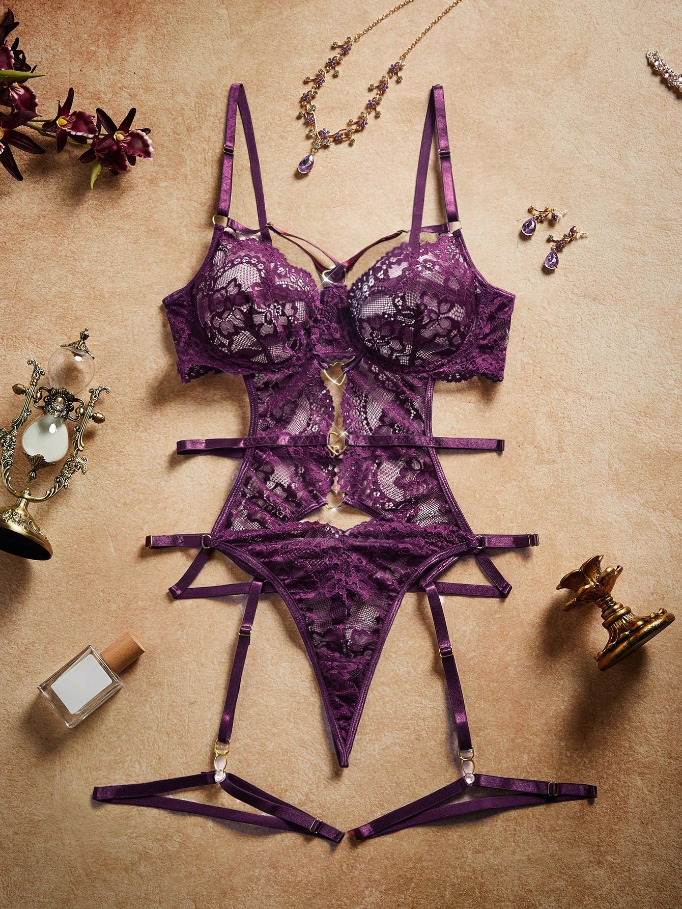 Red violet 4-piece classic sexy lingerie set with lace heart details, garter straps, spaghetti straps, push-up underwire bra, and matching low-rise thong.
