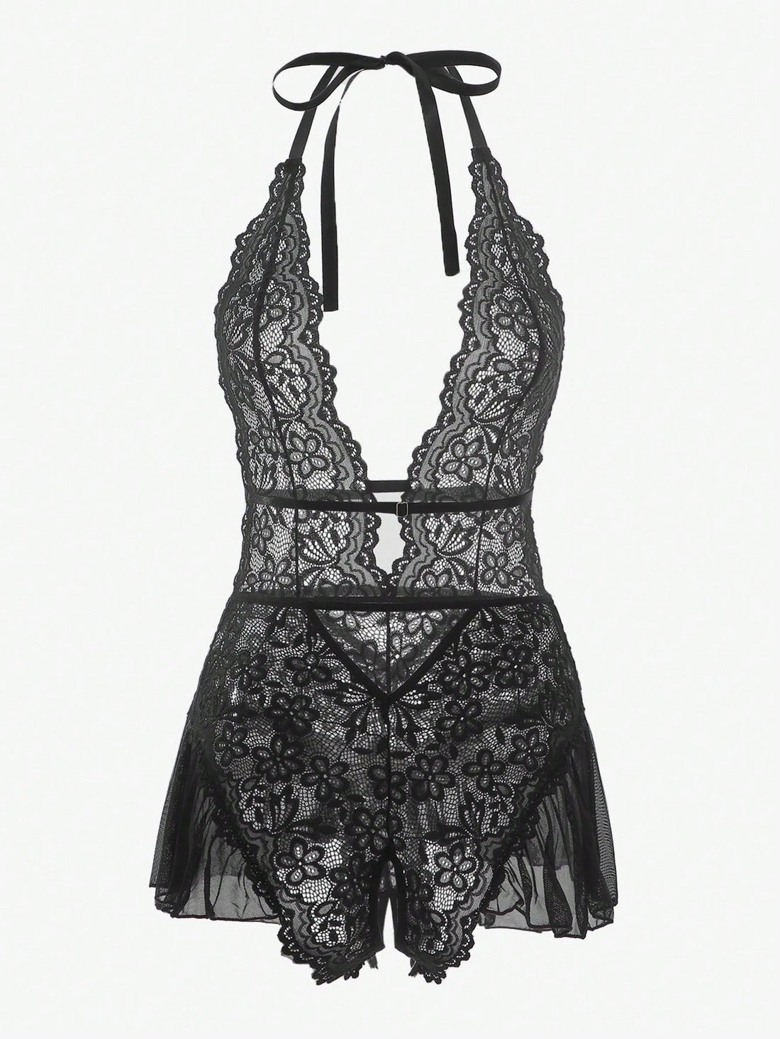 Floral lace halter teddy bodysuit lingerie with scallop trim, sheer backless design, crossback straps, triangle bra, and thong-style bottom in a 2-piece set.