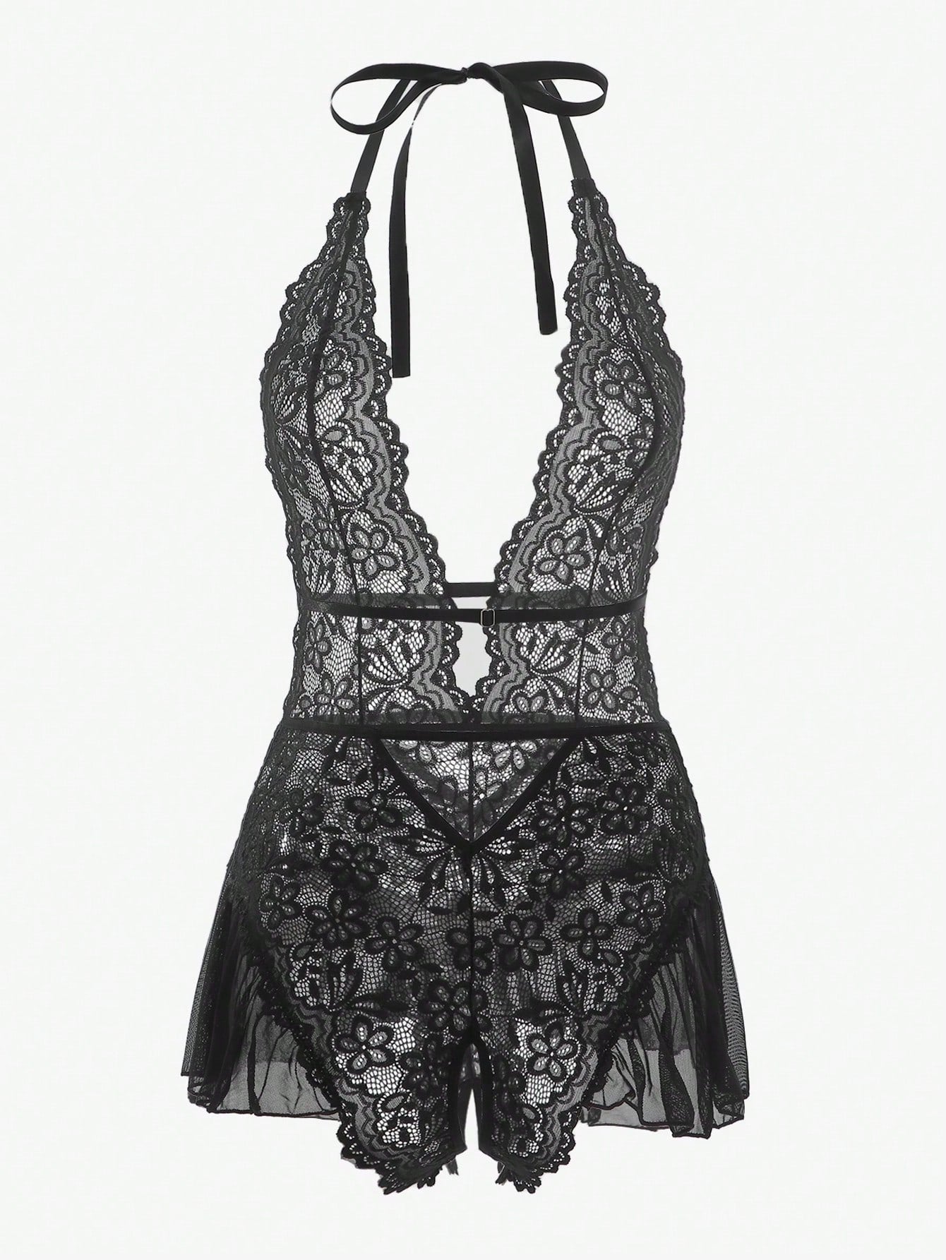 Floral lace halter teddy bodysuit lingerie with scallop trim, sheer backless design, crossback straps, triangle bra, and thong-style bottom in a 2-piece set.