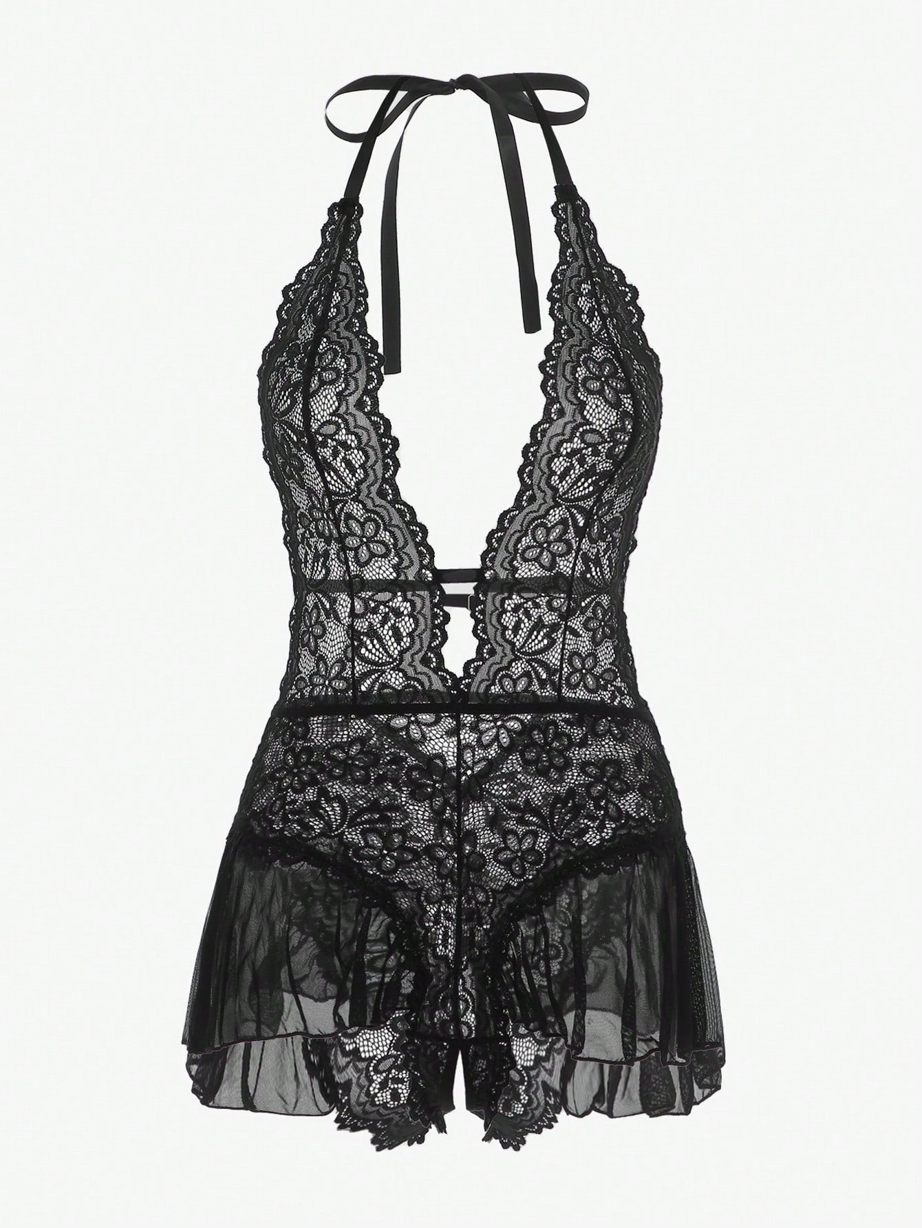 Floral lace halter teddy bodysuit lingerie with scallop trim, sheer backless design, crossback straps, triangle bra, and thong-style bottom in a 2-piece set.