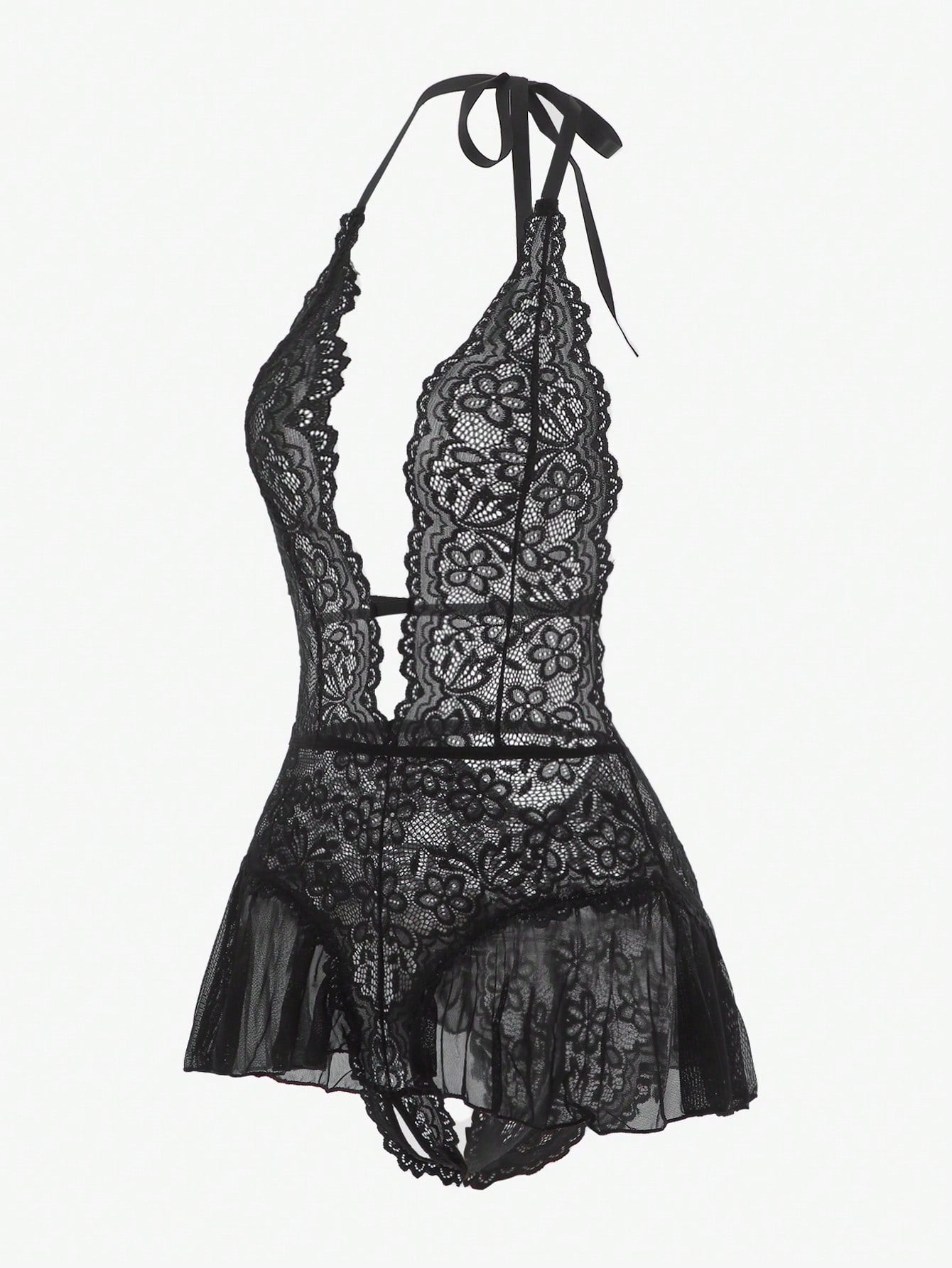 Floral lace halter teddy bodysuit lingerie with scallop trim, sheer backless design, crossback straps, triangle bra, and thong-style bottom in a 2-piece set.