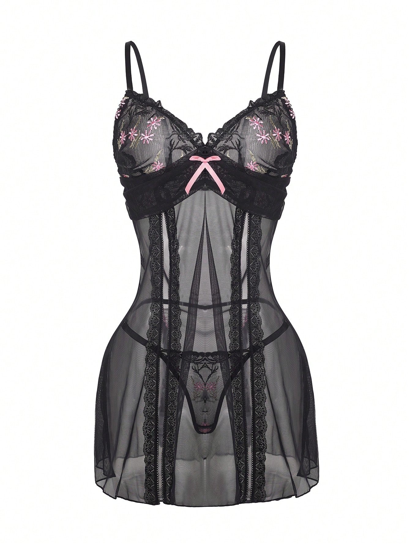 2pcs Women's Contrast Color Lace Patchwork Bow Decor Sexy Nightgown Set