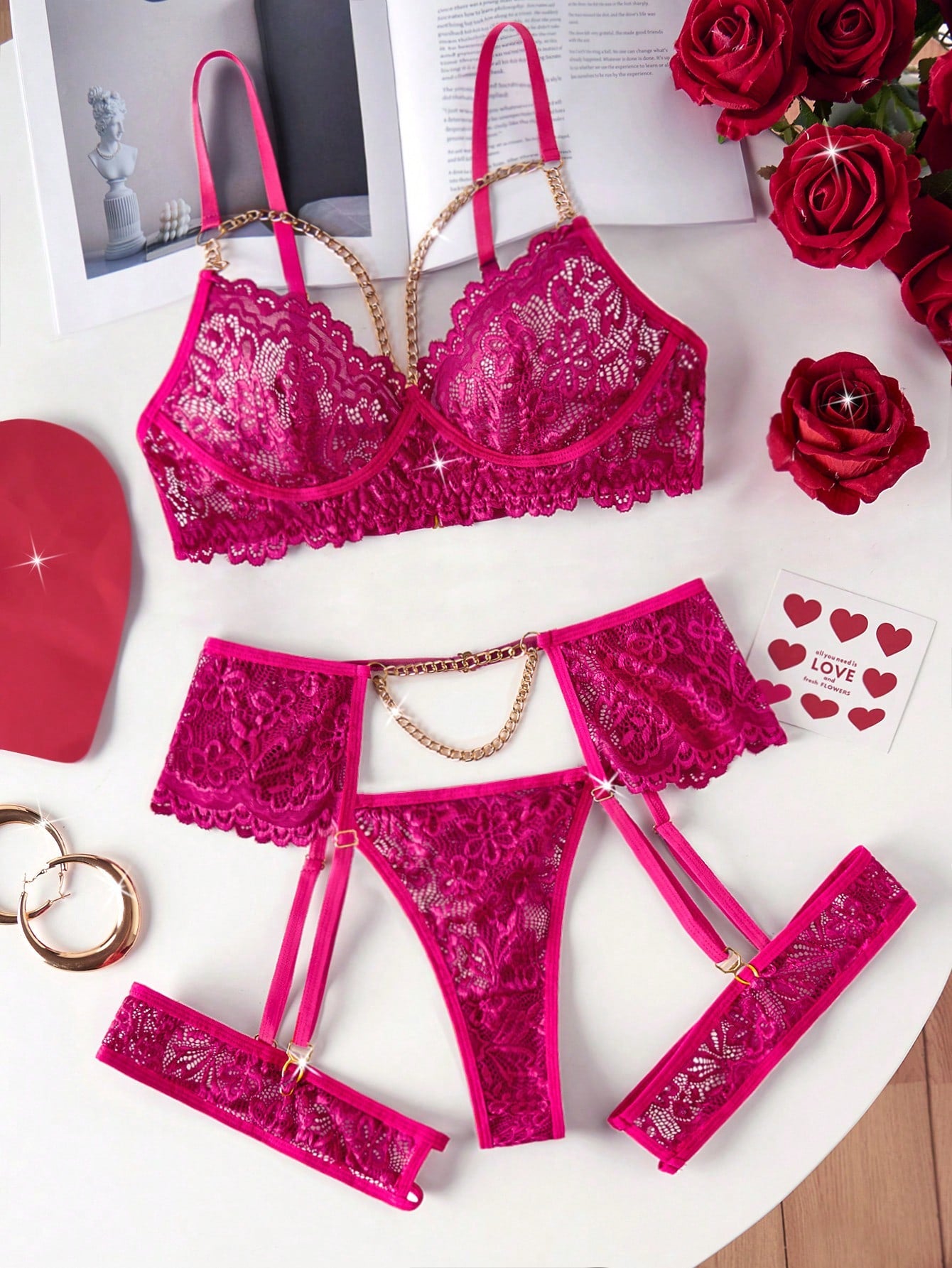 Three-piece women’s sexy lingerie set featuring a front-closure 3/4 cup bra with adjustable straps and decorative detail, an adjustable garter belt, and a thong, with semi-sheer lace accents.