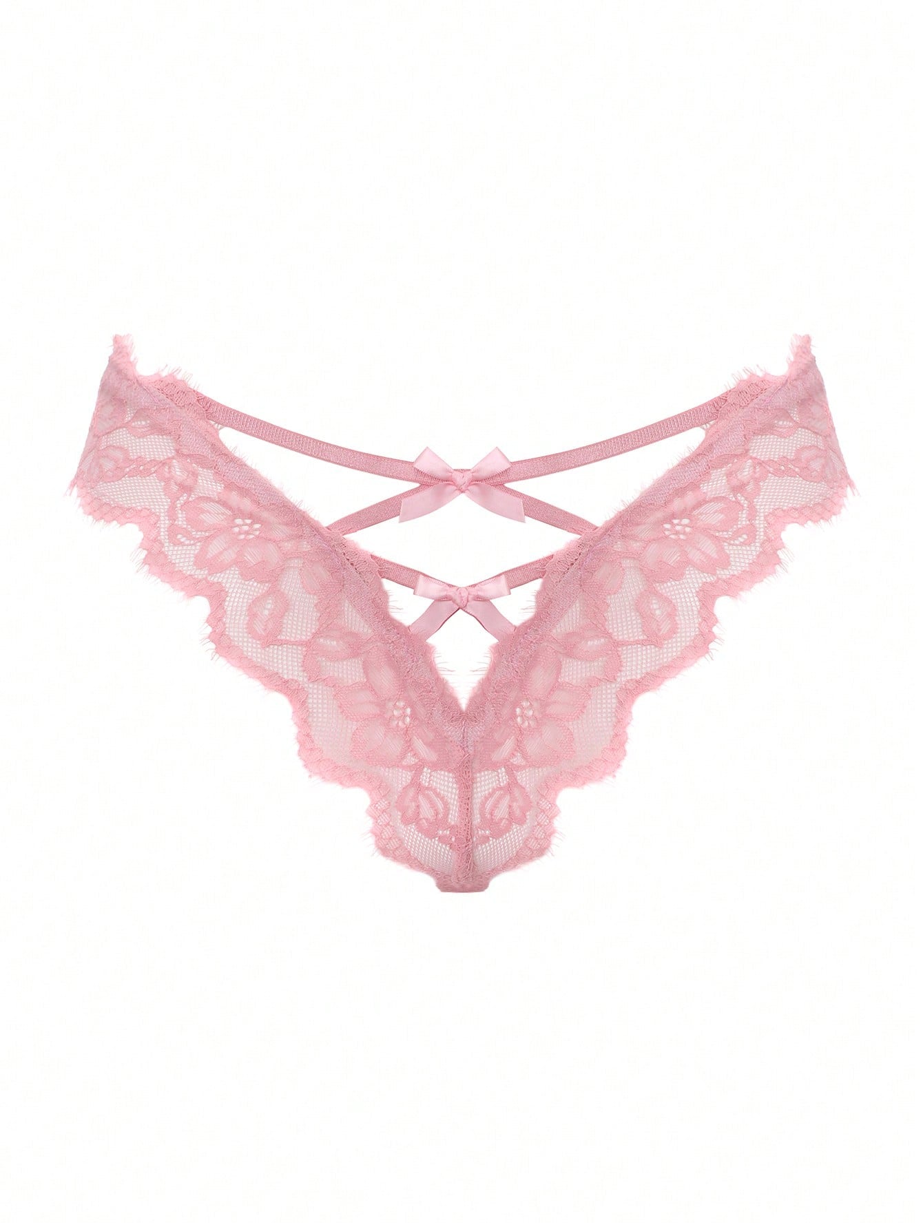 Women's low-rise lace mesh trim thong panties with sheer detailing, bow and knot accents, and plant pattern