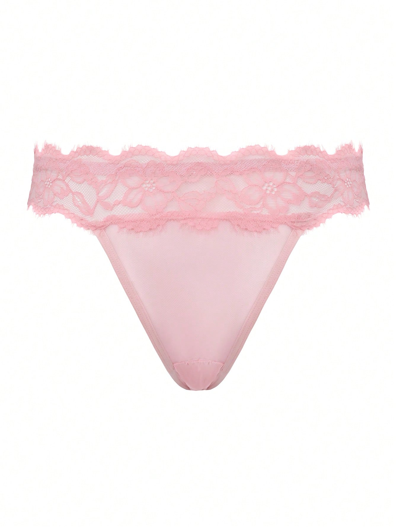 Women's low-rise lace mesh trim thong panties with sheer detailing, bow and knot accents, and plant pattern