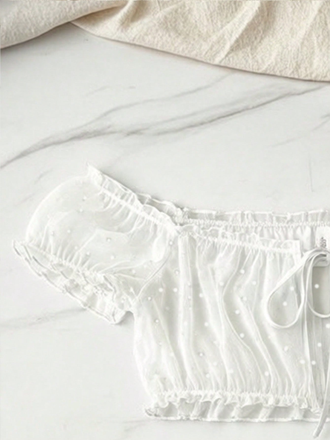 Dobby Mesh Ruffle Off-Shoulder Tie-Up Lingerie Set