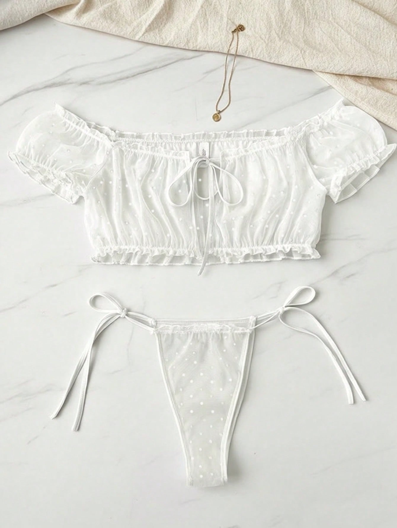 Dobby Mesh Ruffle Off-Shoulder Tie-Up Lingerie Set
