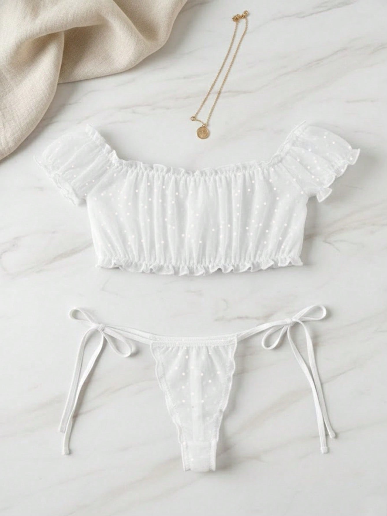 Dobby Mesh Ruffle Off-Shoulder Tie-Up Lingerie Set