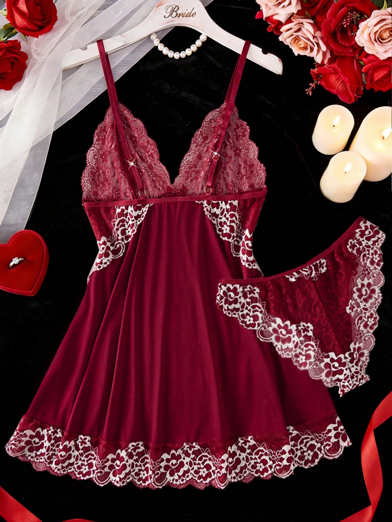 2pcs Contrast Floral Lace Sleepwear Set, V-Neck Semi-Sheer Bow Tie Nightgown And Panties, Elegant Women Pajamas