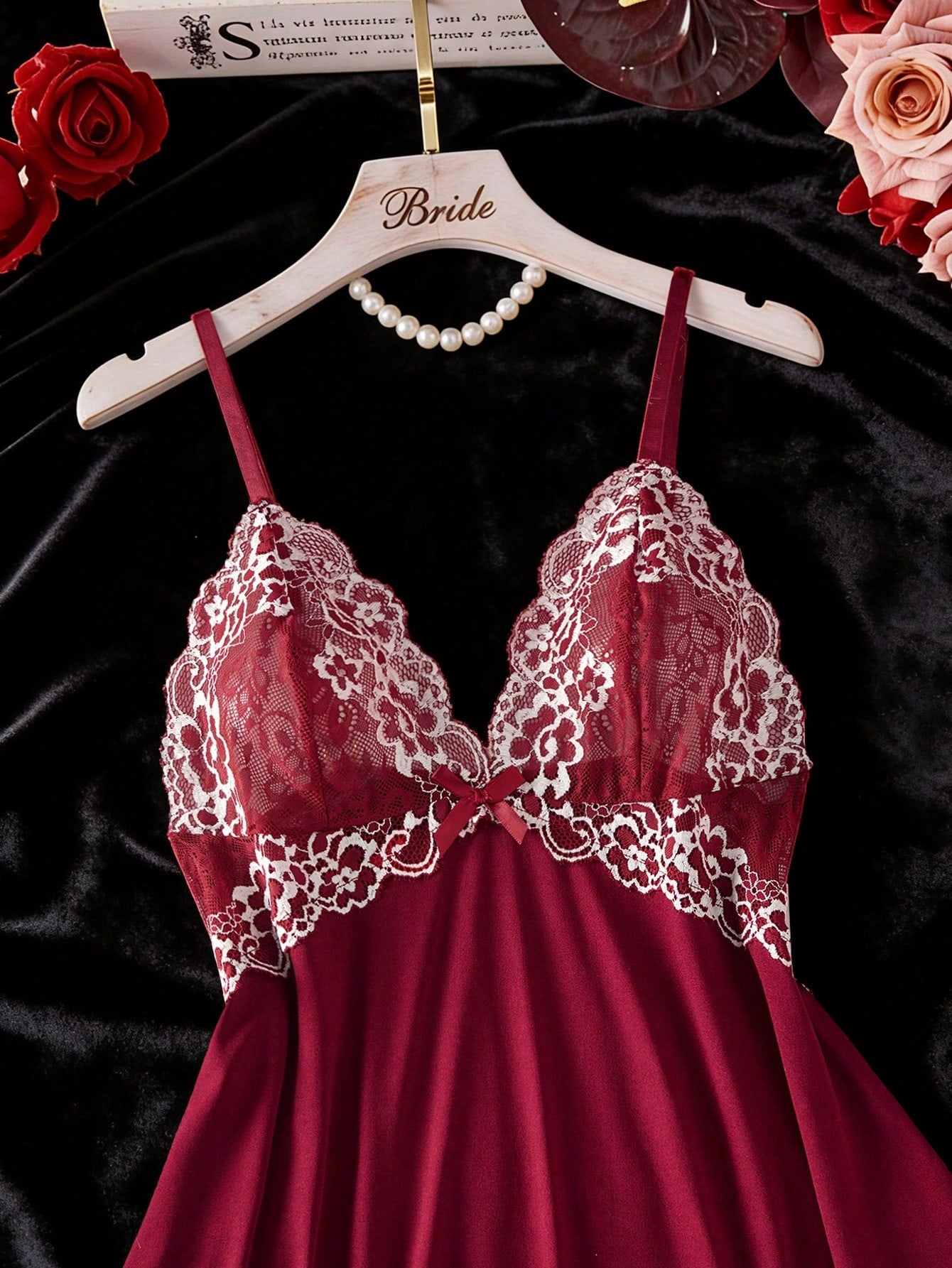 2pcs Contrast Floral Lace Sleepwear Set, V-Neck Semi-Sheer Bow Tie Nightgown And Panties, Elegant Women Pajamas