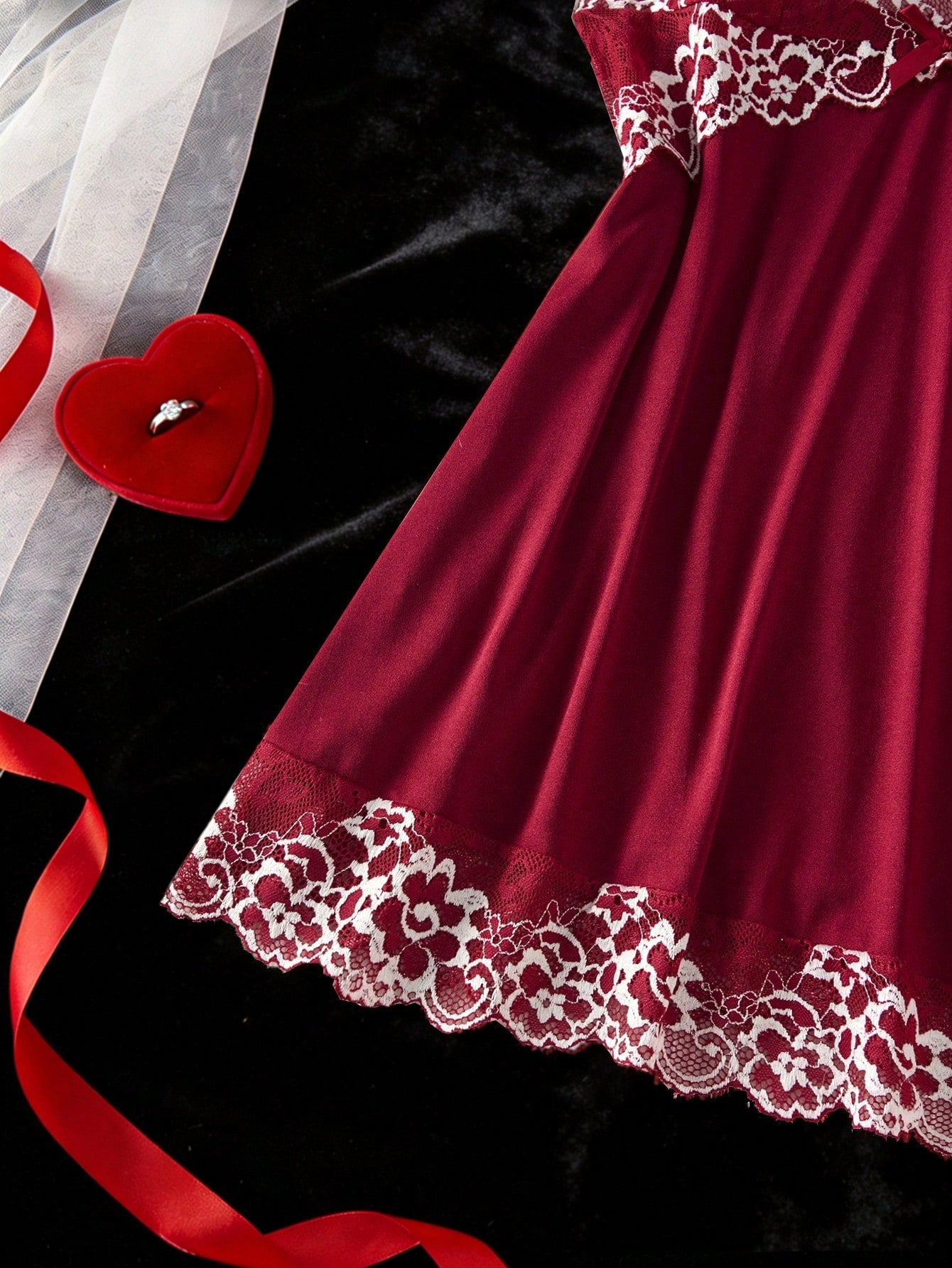 2pcs Contrast Floral Lace Sleepwear Set, V-Neck Semi-Sheer Bow Tie Nightgown And Panties, Elegant Women Pajamas