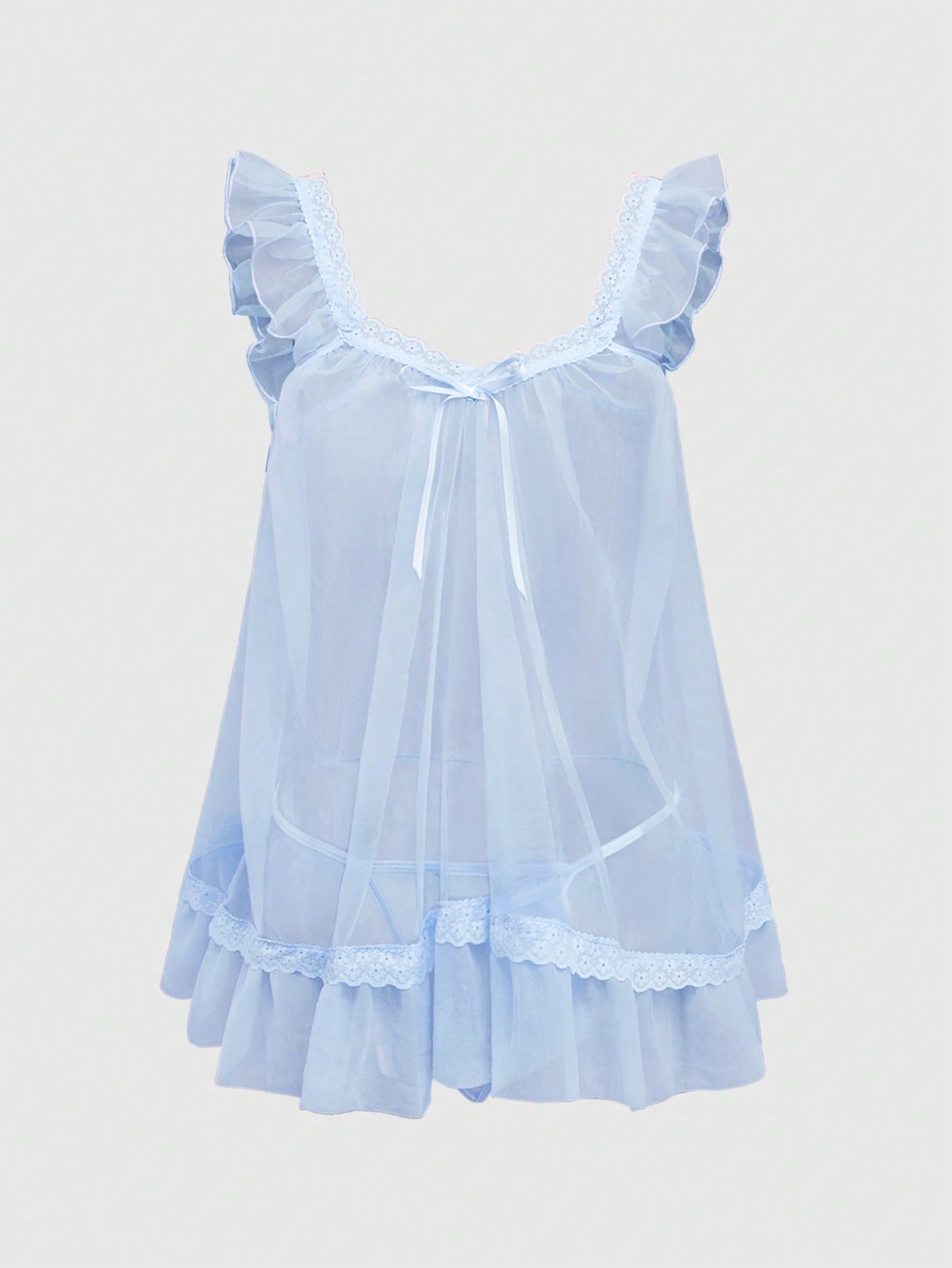 Babydoll Kawaii Cute Loose Sheer Dress, Mesh Lace Patchwork Bow Mini Dress, Sexy Tulle Dress Set
