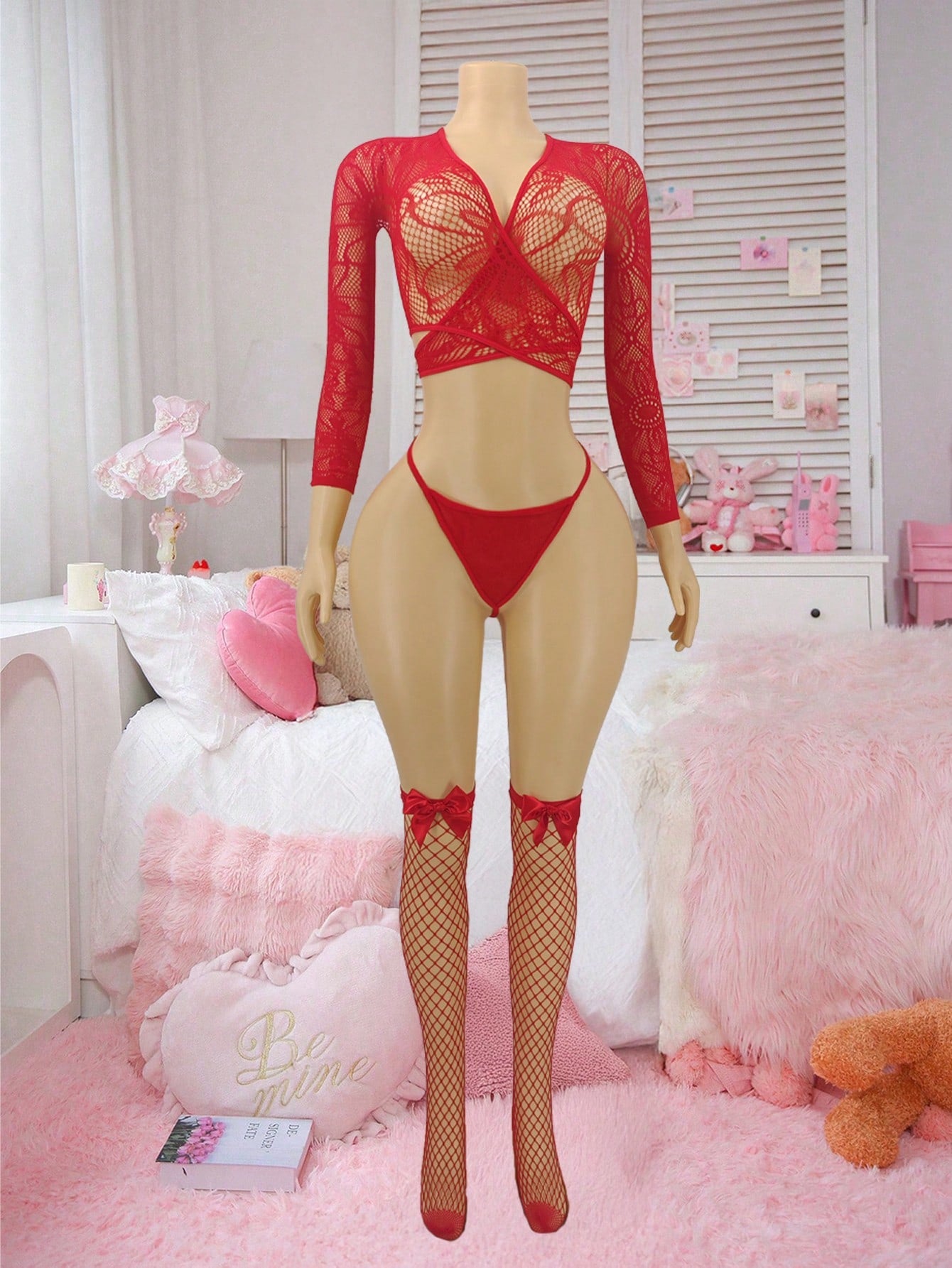 Women's 4-piece sexy lingerie set in yellow, featuring a sheer mesh long sleeve deep V bodysuit-inspired bralette and thong with matching stockings; wireless, backless style with adjustable straps and high-stretch fabric.