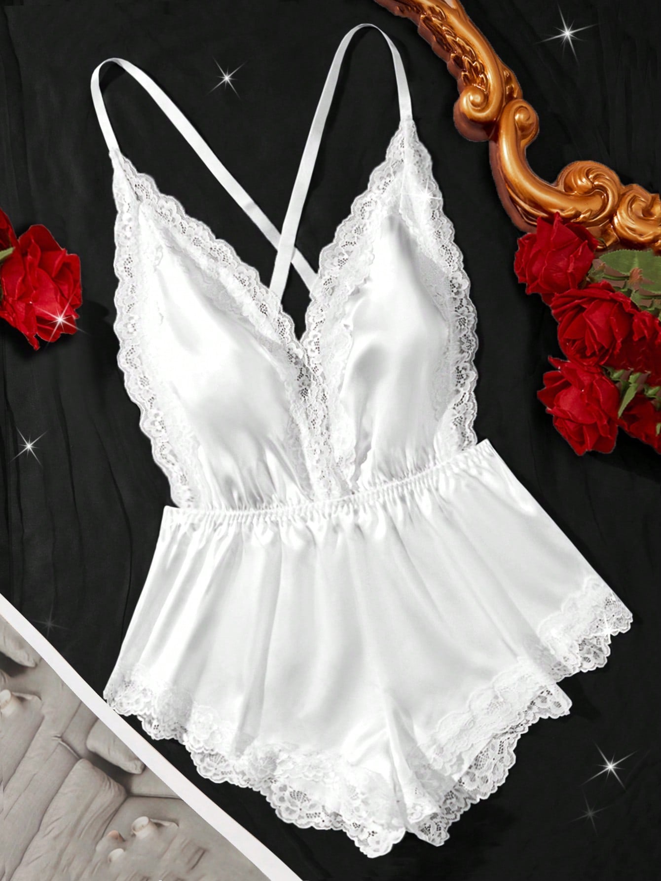New Solid Color Sexy Women's Lingerie Set, Deep V-Neck Adjustable Criss-Cross Strap Bodysuit, Waist Cinching Design, Lace Patchwork Homewear Jumpsuit