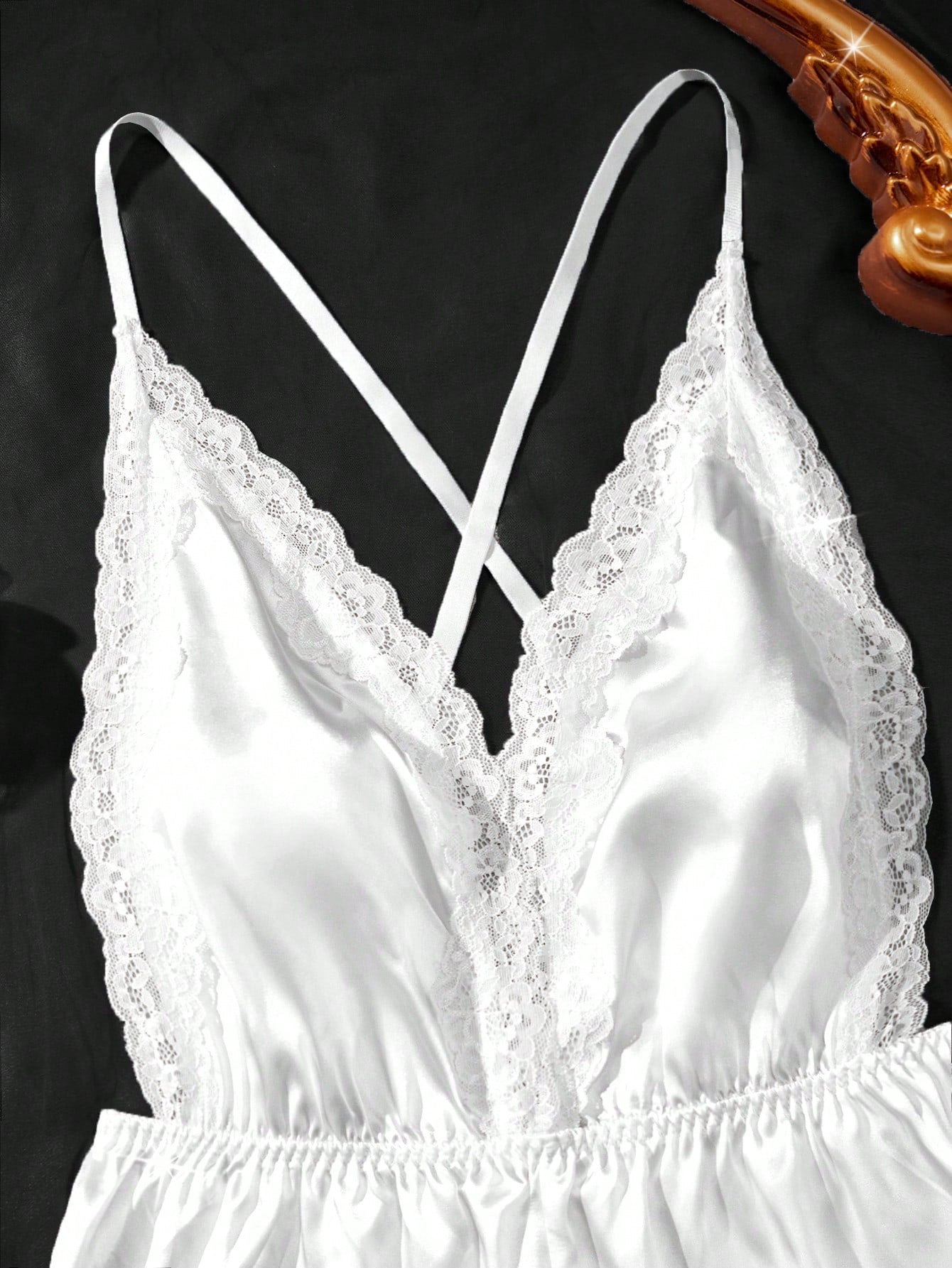 New Solid Color Sexy Women's Lingerie Set, Deep V-Neck Adjustable Criss-Cross Strap Bodysuit, Waist Cinching Design, Lace Patchwork Homewear Jumpsuit