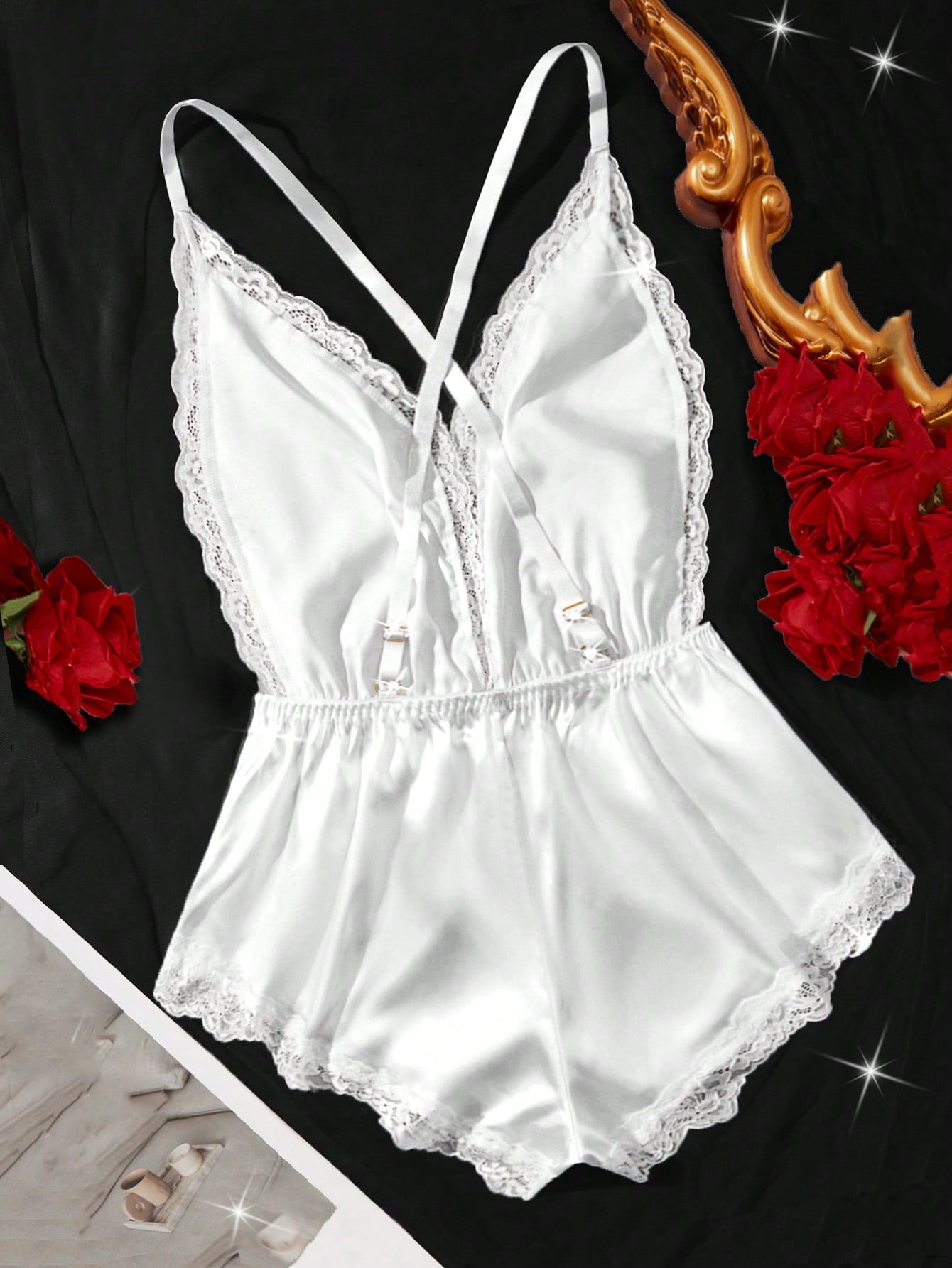New Solid Color Sexy Women's Lingerie Set, Deep V-Neck Adjustable Criss-Cross Strap Bodysuit, Waist Cinching Design, Lace Patchwork Homewear Jumpsuit