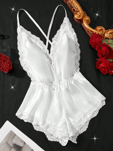 New Solid Color Sexy Women's Lingerie Set, Deep V-Neck Adjustable Criss-Cross Strap Bodysuit, Waist Cinching Design, Lace Patchwork Homewear Jumpsuit