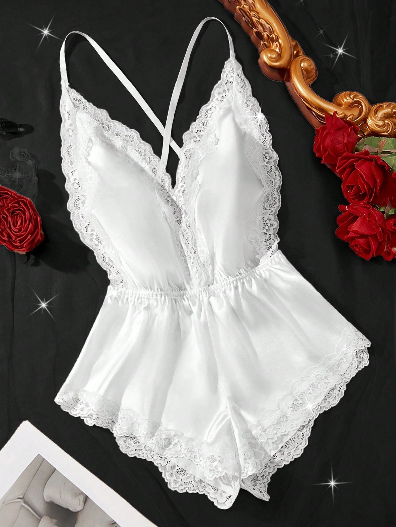 New Solid Color Sexy Women's Lingerie Set, Deep V-Neck Adjustable Criss-Cross Strap Bodysuit, Waist Cinching Design, Lace Patchwork Homewear Jumpsuit