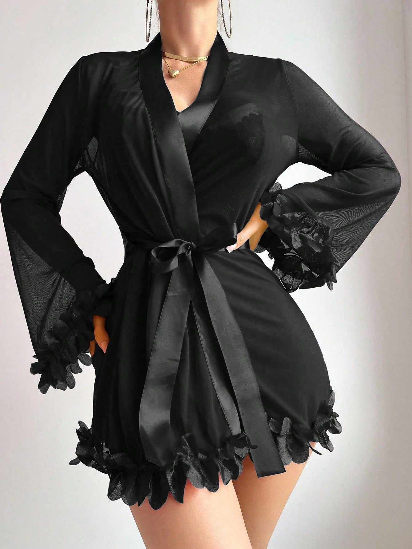 Women’s sexy lingerie set featuring a sheer lace mesh nightgown with adjustable spaghetti straps and a matching long-sleeve bell-sleeve robe with 3D floral detailing.