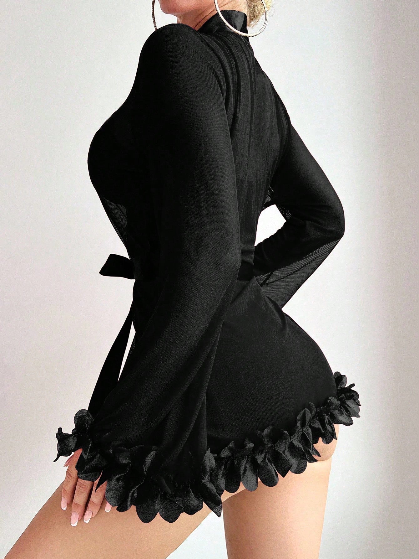 Women’s sexy lingerie set featuring a sheer lace mesh nightgown with adjustable spaghetti straps and a matching long-sleeve bell-sleeve robe with 3D floral detailing.