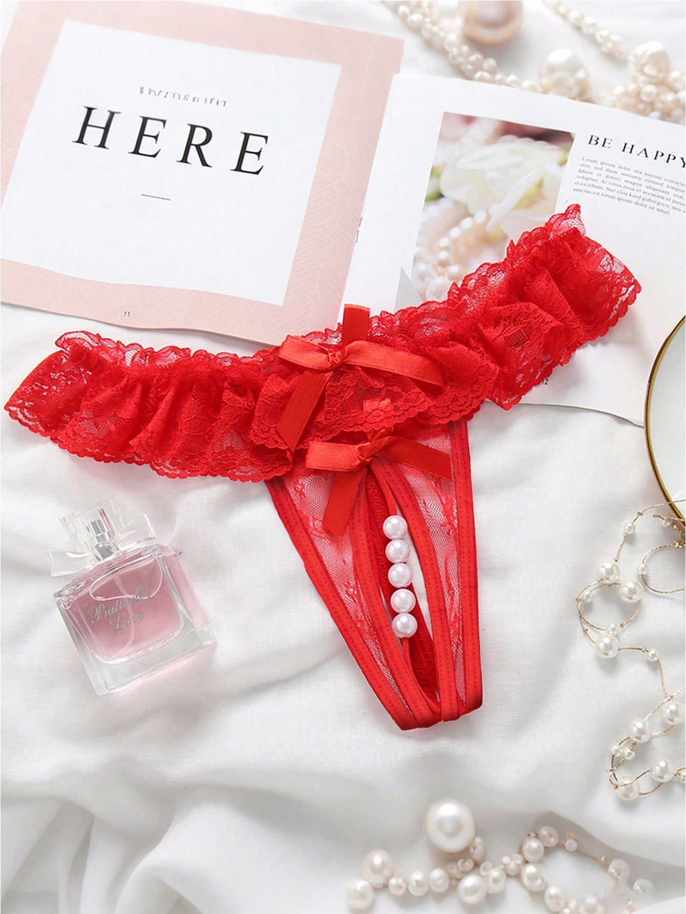1pc Sexy Lace Crotchless Thong With Massage Pearl Detail