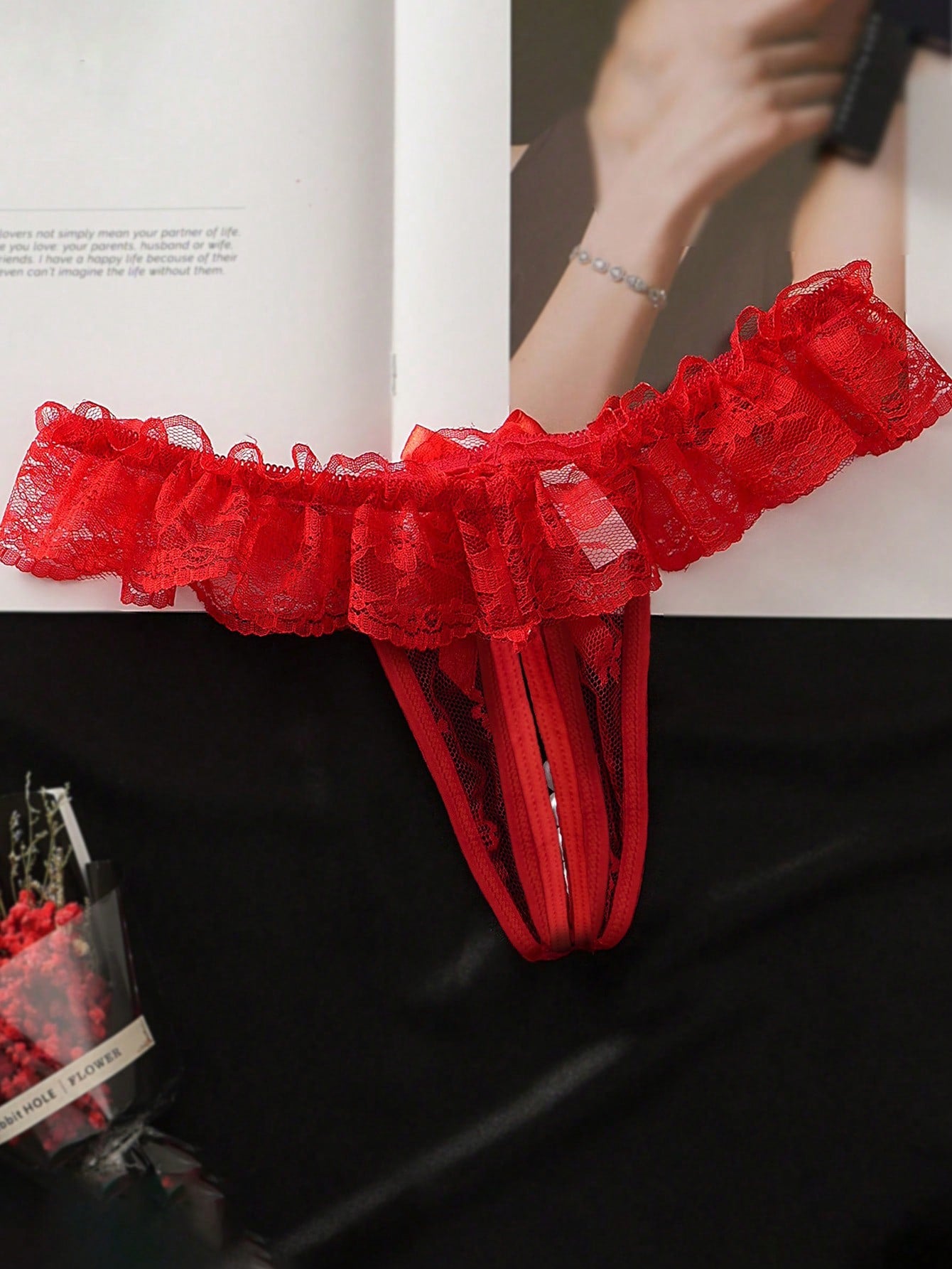 1pc Sexy Lace Crotchless Thong With Massage Pearl Detail