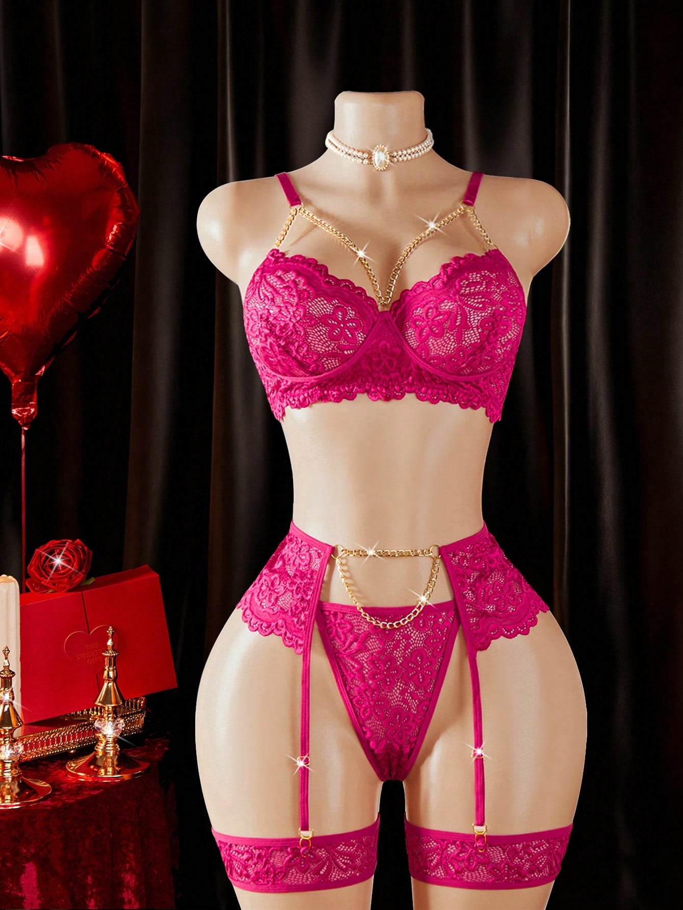Three-piece women’s sexy lingerie set featuring a front-closure 3/4 cup bra with adjustable straps and decorative detail, an adjustable garter belt, and a thong, with semi-sheer lace accents.