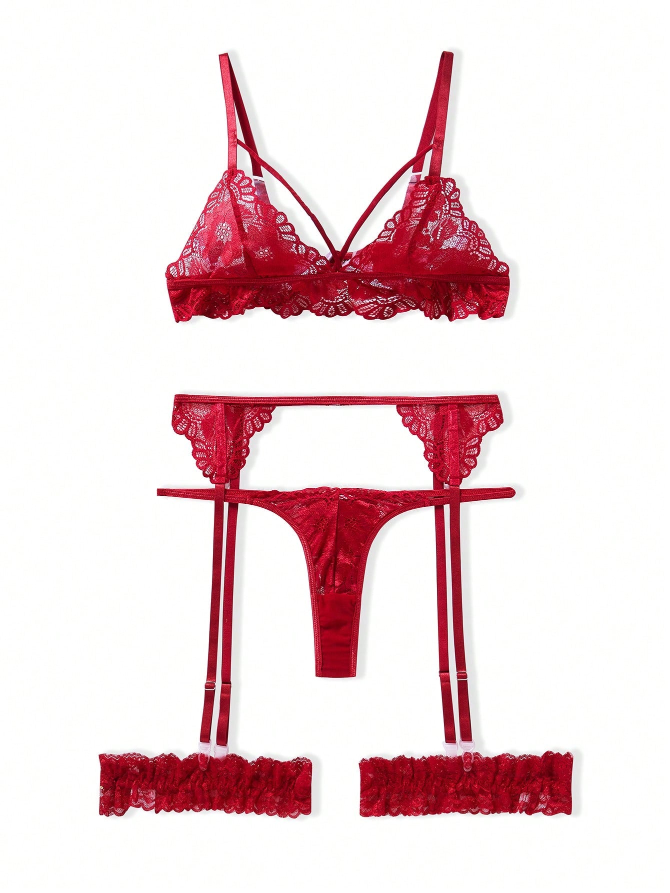 Women’s sexy lingerie set featuring a wireless bralette with adjustable spaghetti straps, matching G-string thong, garter belt, and one pair of leg rings. Plain pattern with contrast lace and criss-cross detail in a romantic style.