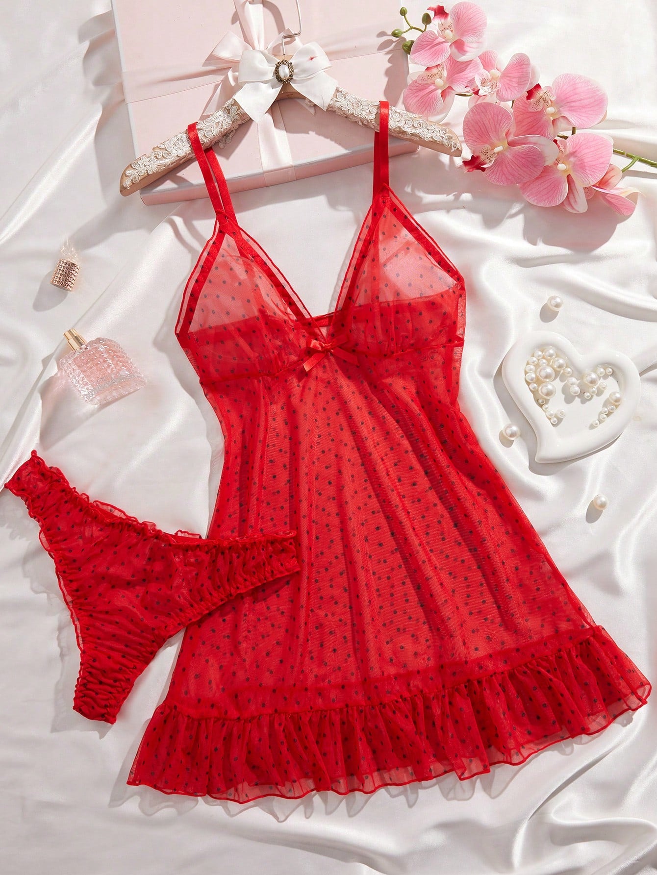 2pcs Polka Dot Nightgown Sexy Women Sheer Mesh Lingerie Chemise Slip Dress Set (With Panty)