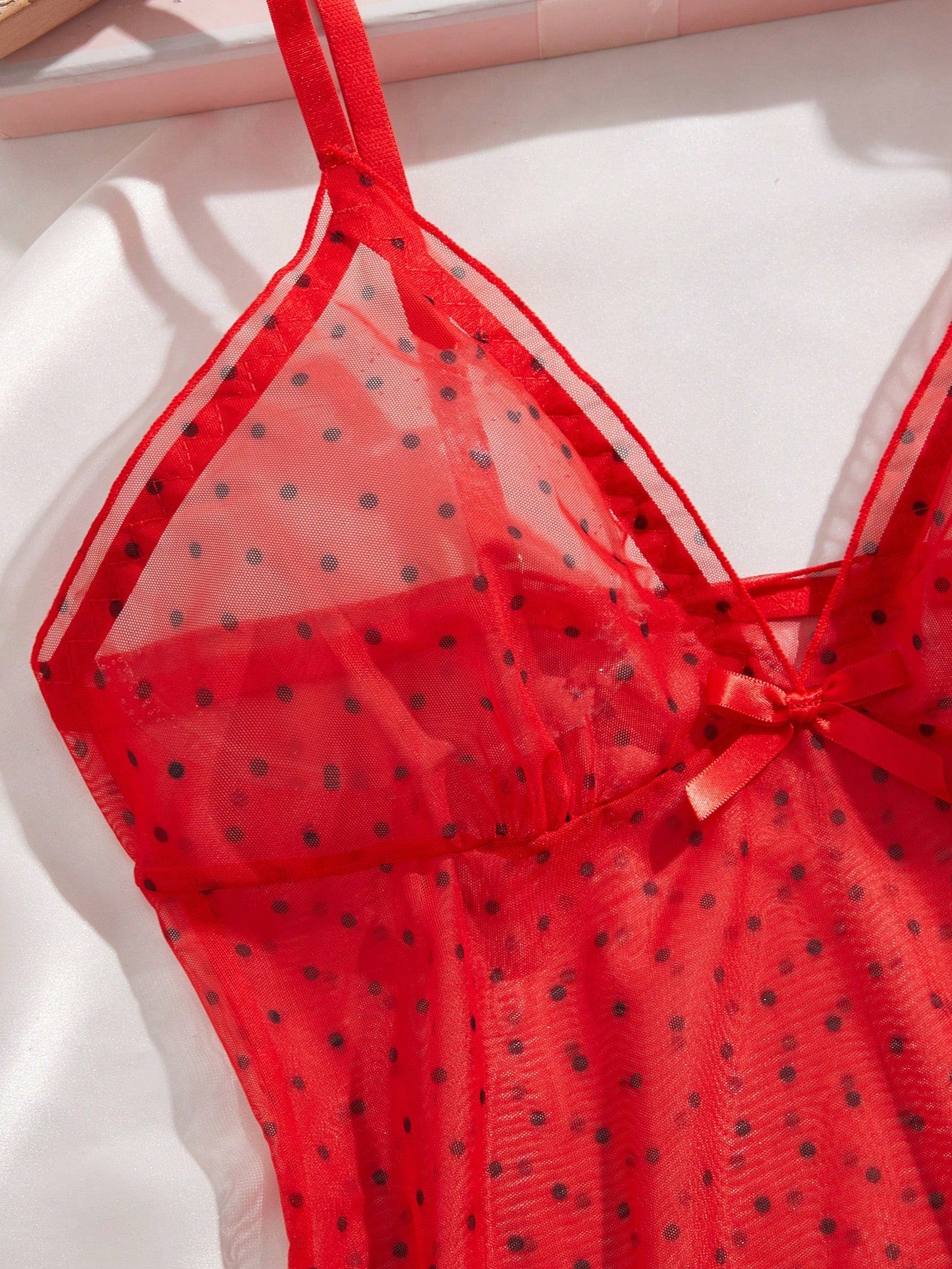 2pcs Polka Dot Nightgown Sexy Women Sheer Mesh Lingerie Chemise Slip Dress Set (With Panty)
