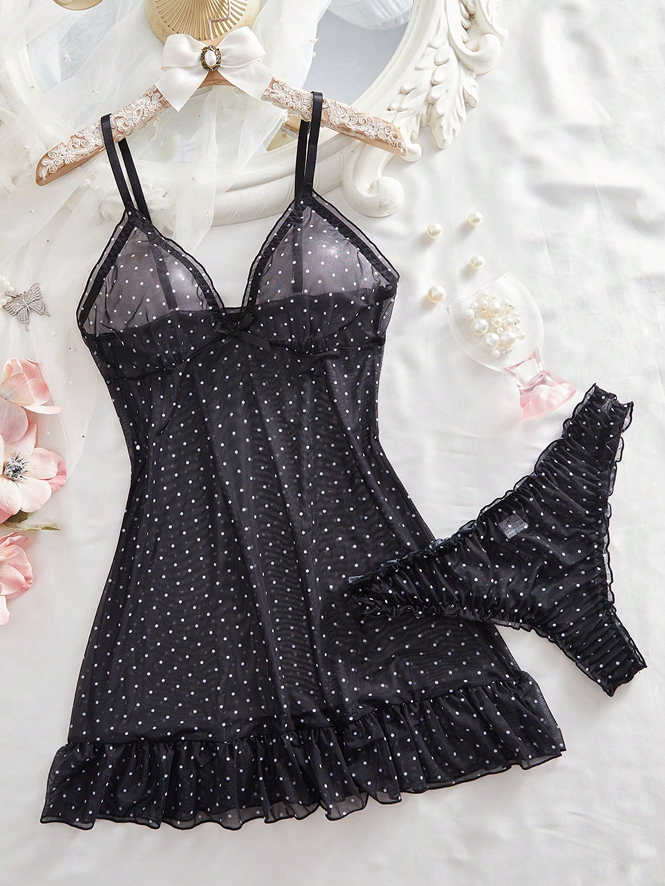 2pcs Polka Dot Nightgown Sexy Women Sheer Mesh Lingerie Chemise Slip Dress Set (With Panty)