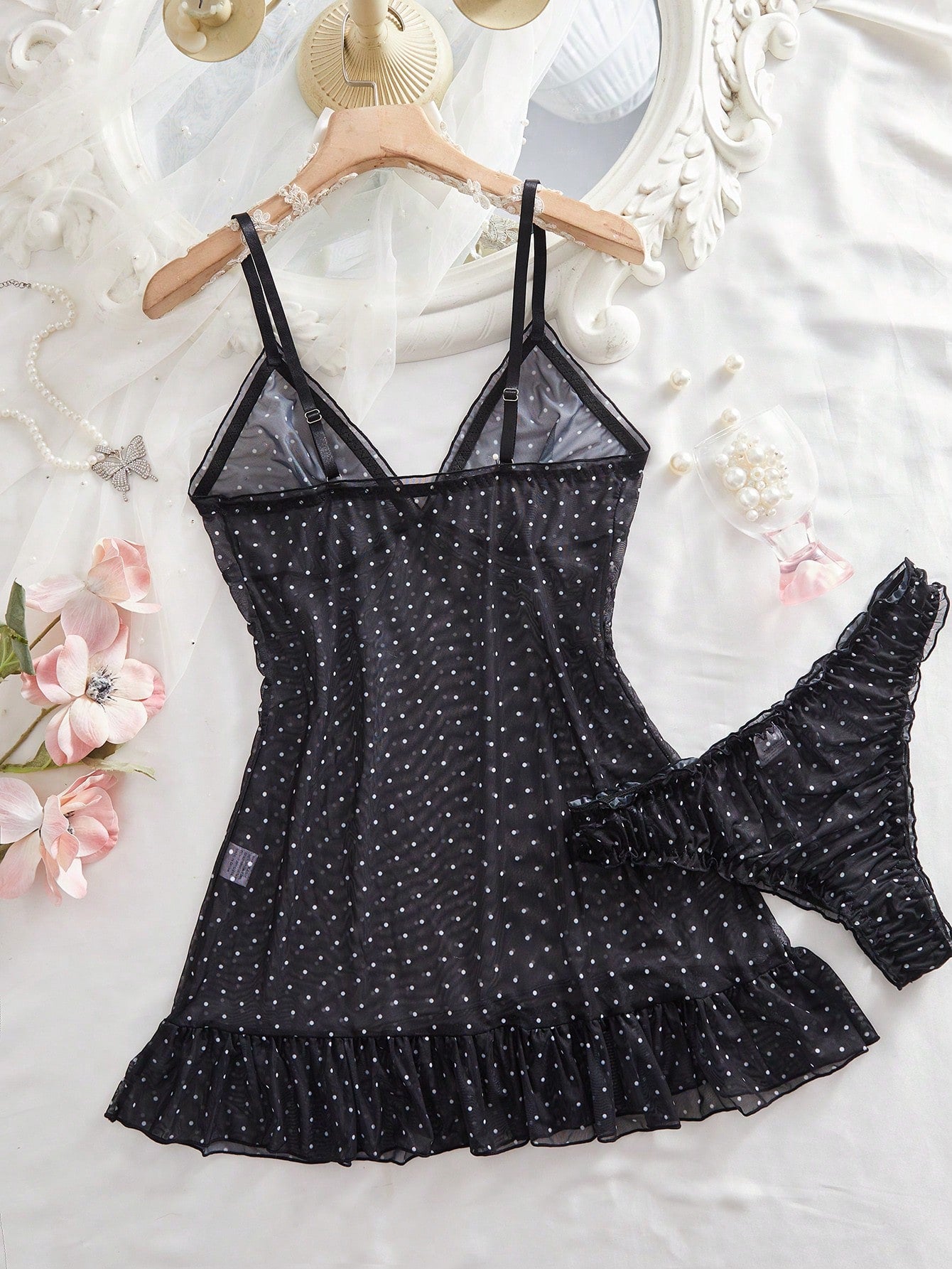 2pcs Polka Dot Nightgown Sexy Women Sheer Mesh Lingerie Chemise Slip Dress Set (With Panty)